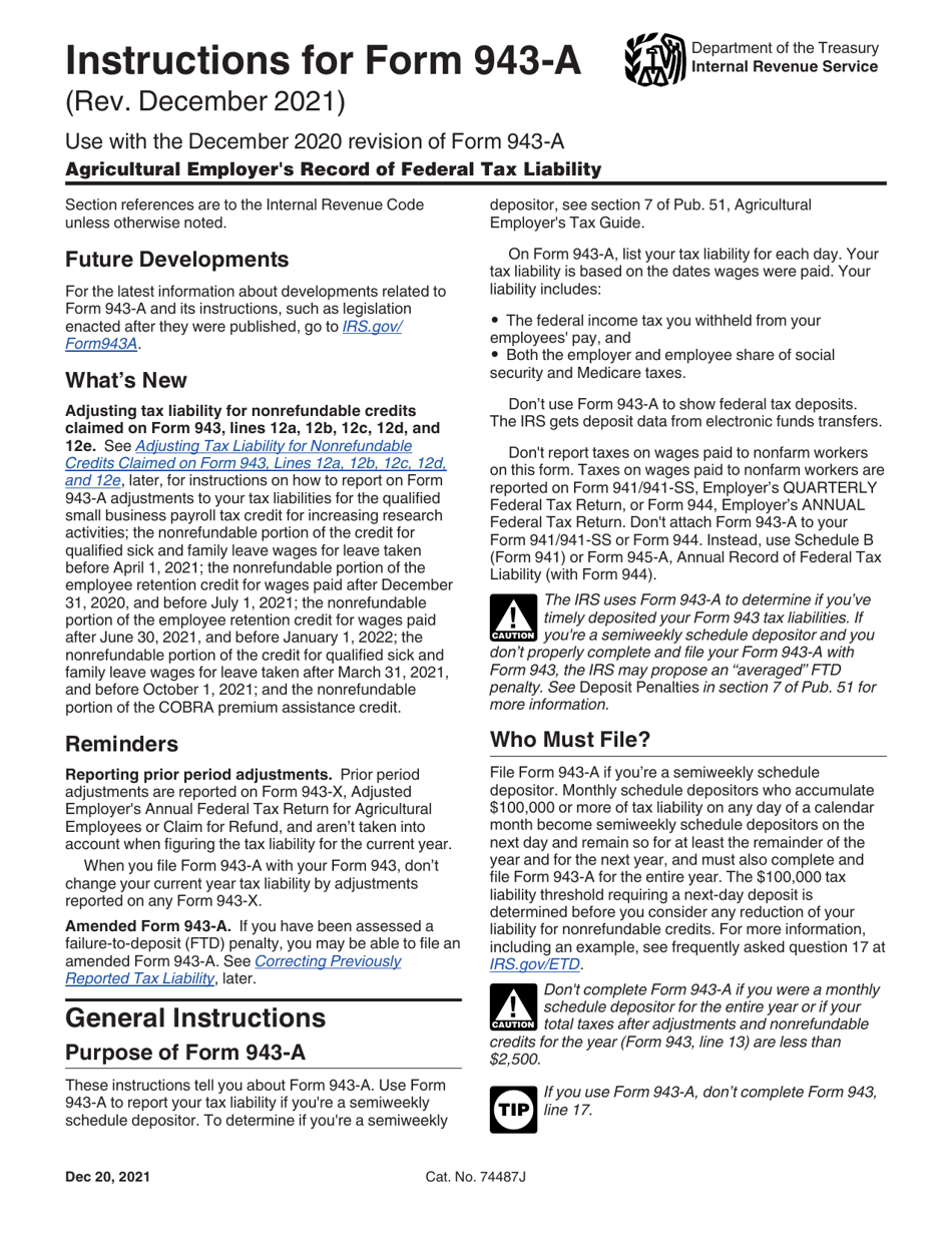 Instructions for IRS Form 943-A Agricultural Employers Record of Federal Tax Liability, Page 1