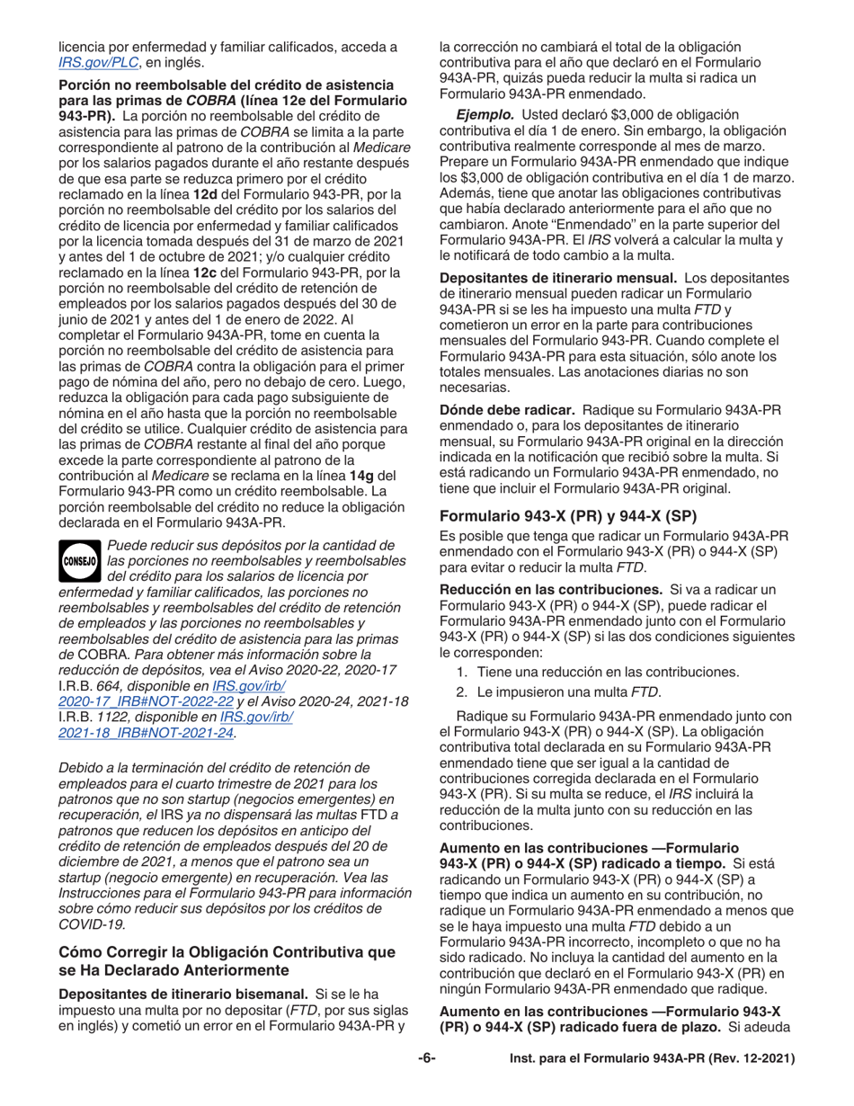 Instrucciones para IRS Formulario 943A-PR Registro De La Obligacion Contributiva Federal Del Patrono Agricola (Puerto Rican Spanish), Page 6