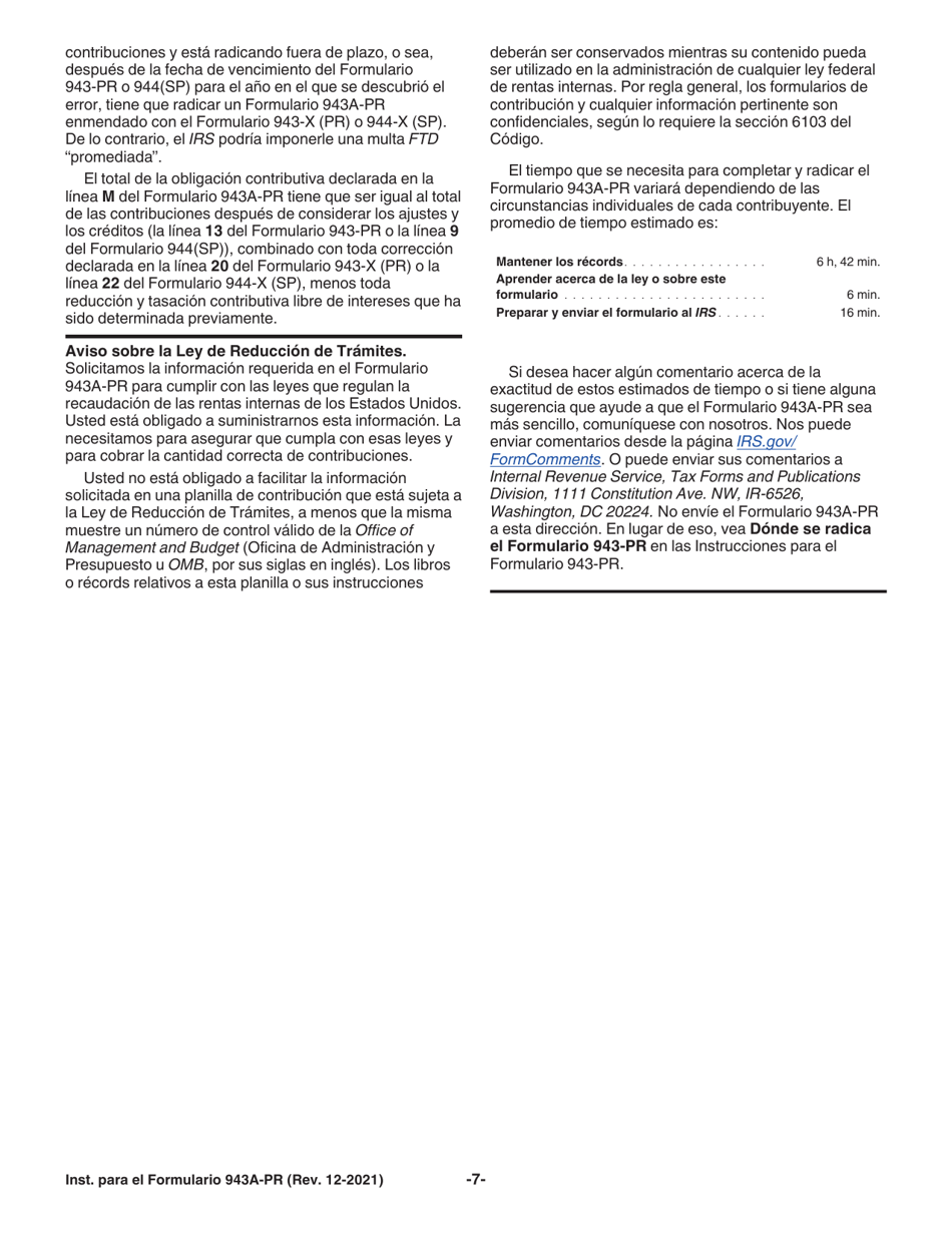 Instrucciones para IRS Formulario 943A-PR Registro De La Obligacion Contributiva Federal Del Patrono Agricola (Puerto Rican Spanish), Page 7