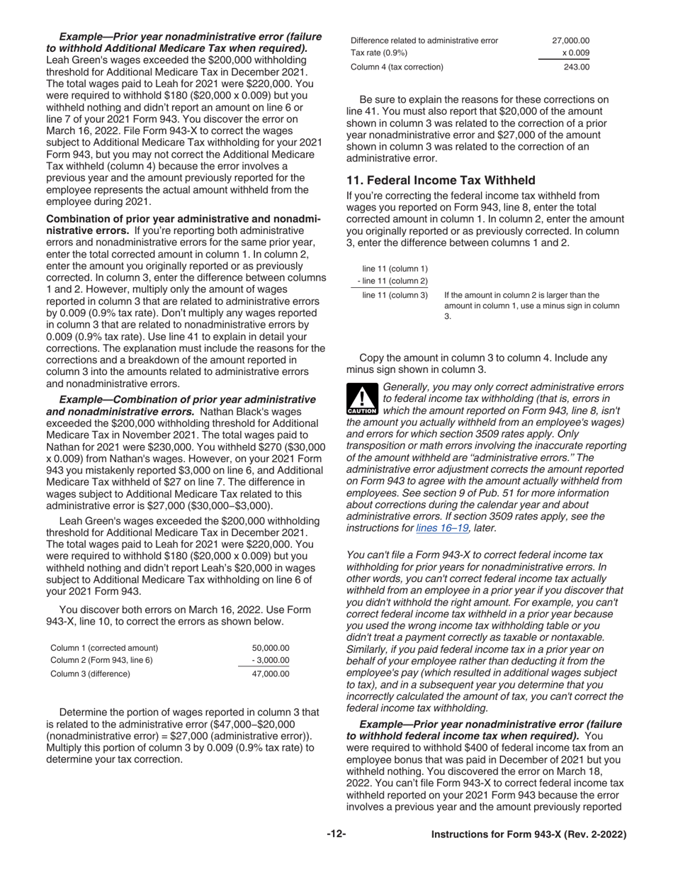 Instructions for IRS Form 943-X Adjusted Employers Annual Federal Tax Return for Agricultural Employees or Claim for Refund, Page 12