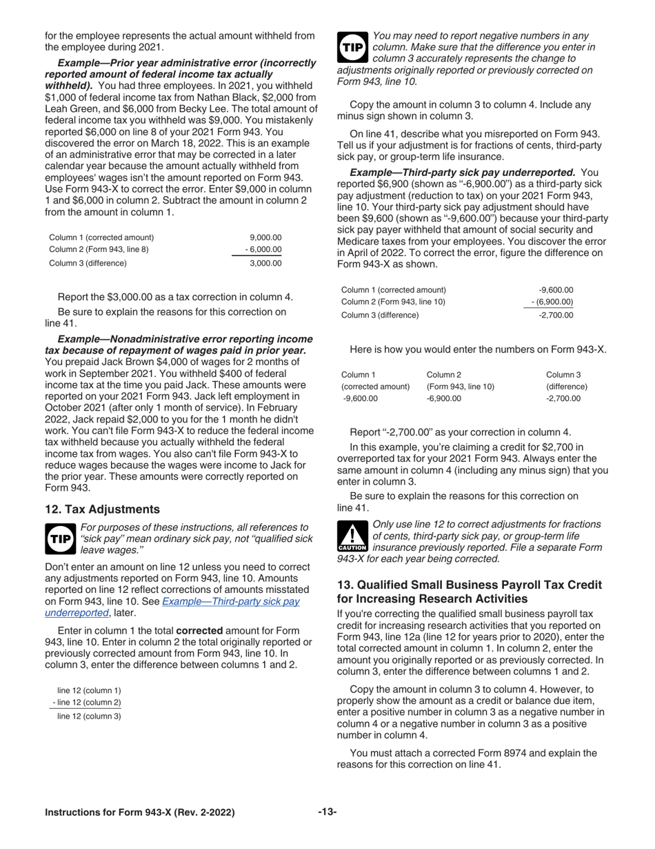Instructions for IRS Form 943-X Adjusted Employers Annual Federal Tax Return for Agricultural Employees or Claim for Refund, Page 13