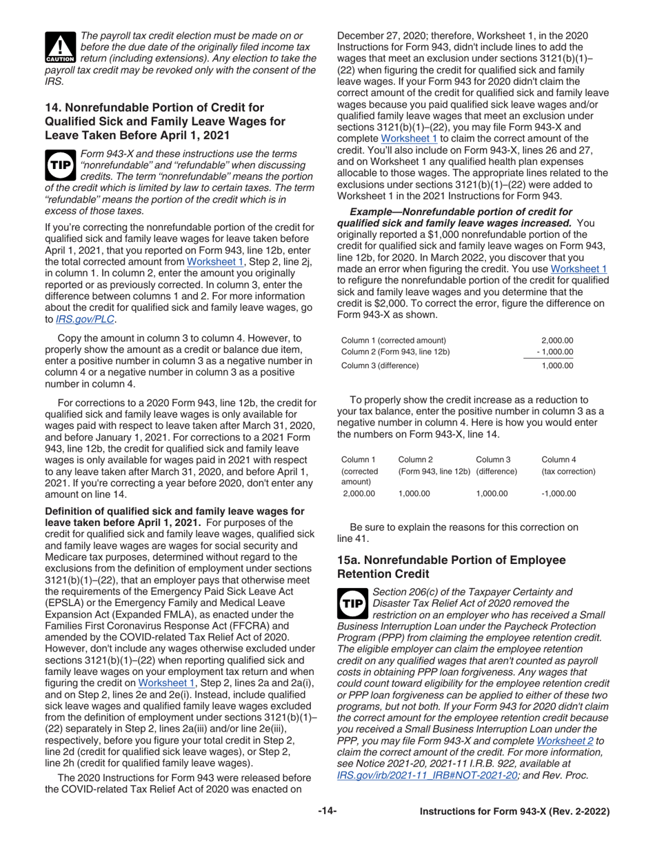 Instructions for IRS Form 943-X Adjusted Employers Annual Federal Tax Return for Agricultural Employees or Claim for Refund, Page 14
