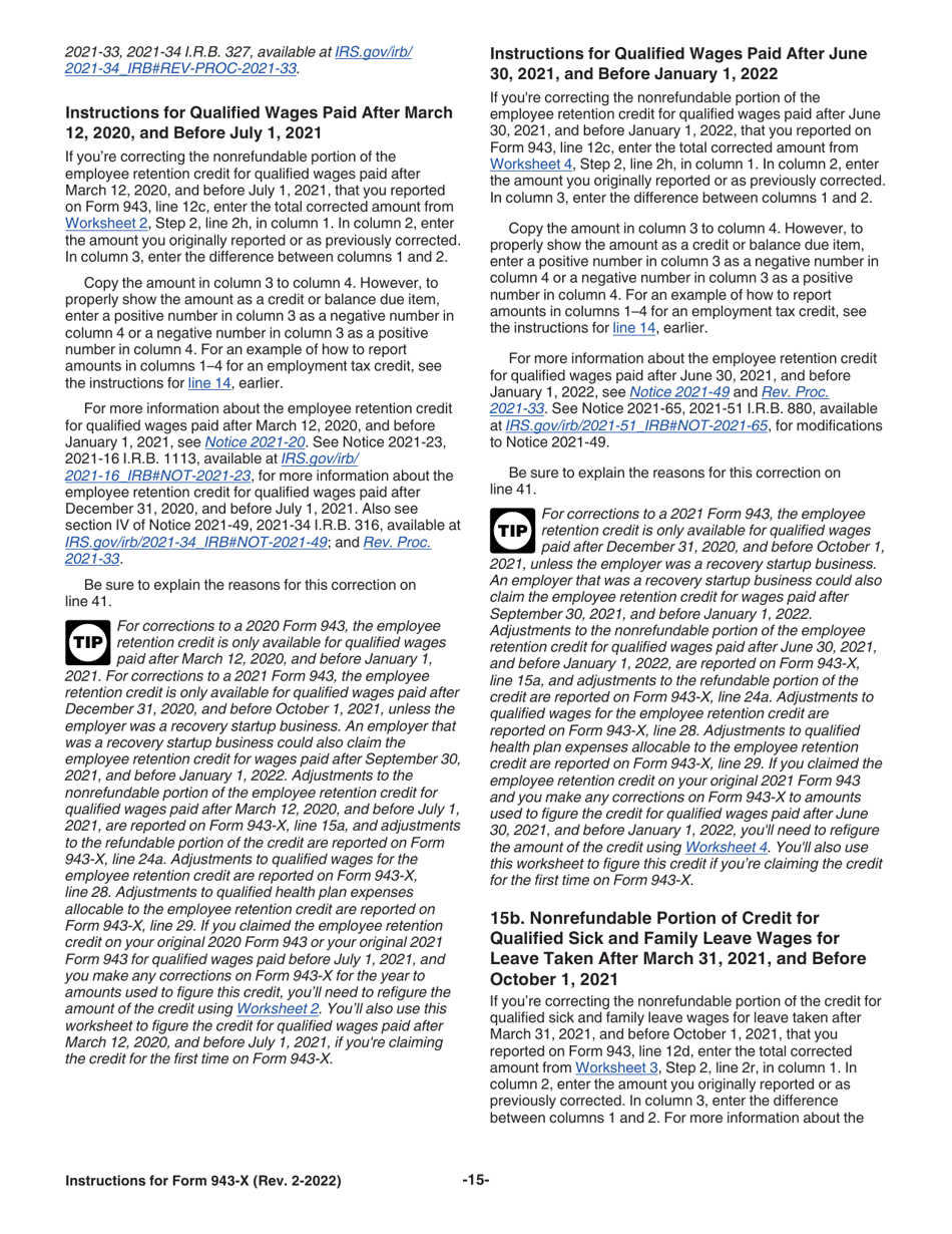 Instructions for IRS Form 943-X Adjusted Employers Annual Federal Tax Return for Agricultural Employees or Claim for Refund, Page 15