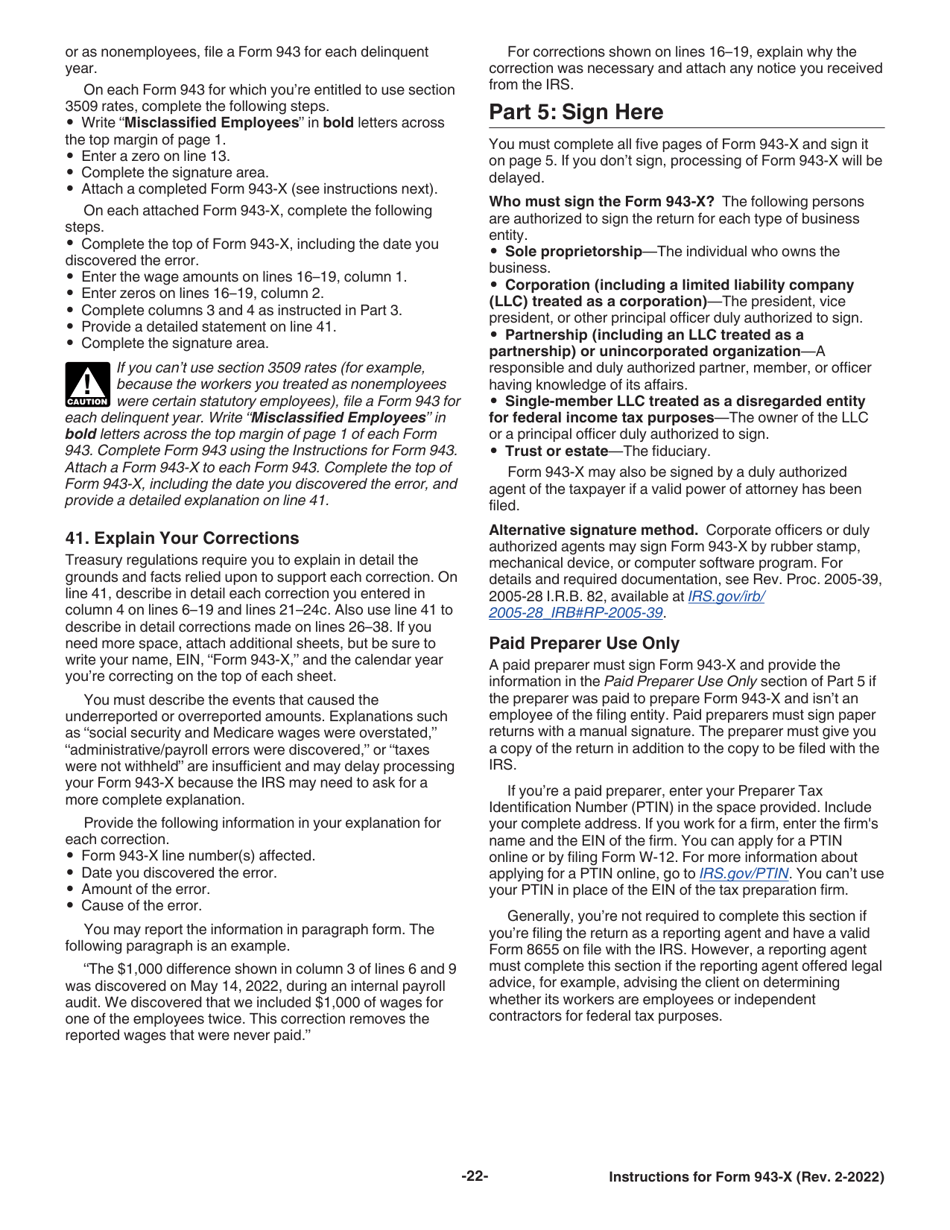 Instructions for IRS Form 943-X Adjusted Employers Annual Federal Tax Return for Agricultural Employees or Claim for Refund, Page 22