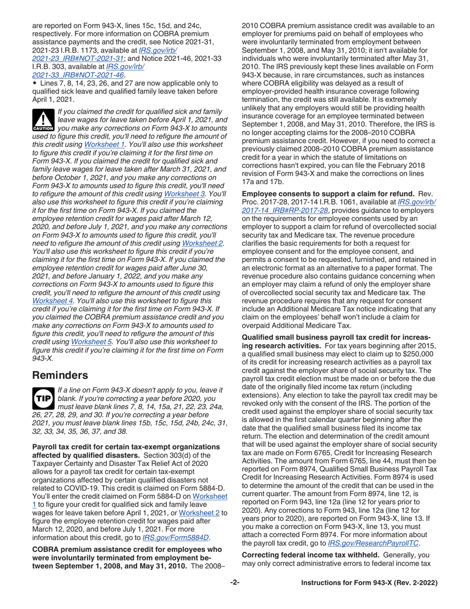 Instructions for IRS Form 943-X Adjusted Employers Annual Federal Tax Return for Agricultural Employees or Claim for Refund, Page 2