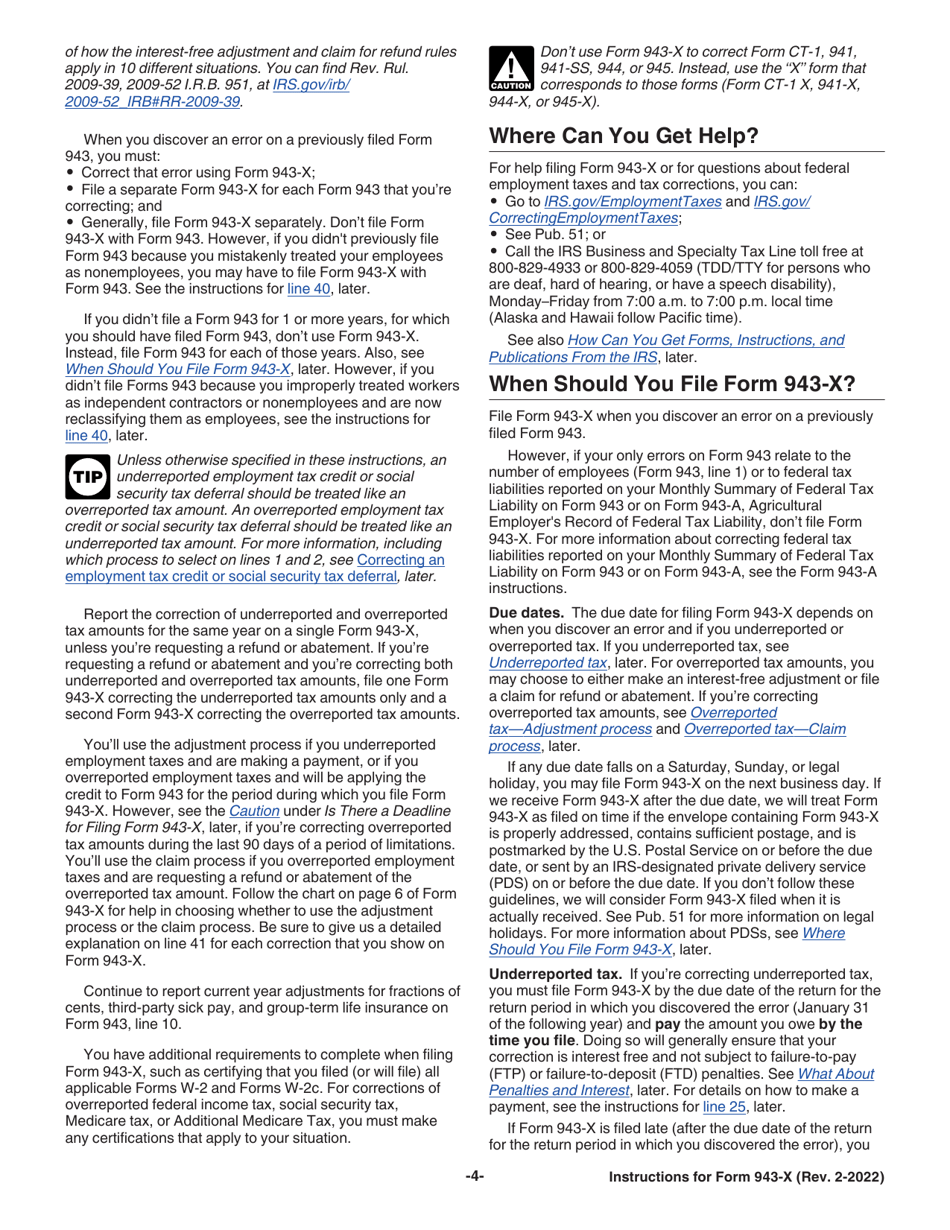 Instructions for IRS Form 943-X Adjusted Employers Annual Federal Tax Return for Agricultural Employees or Claim for Refund, Page 4
