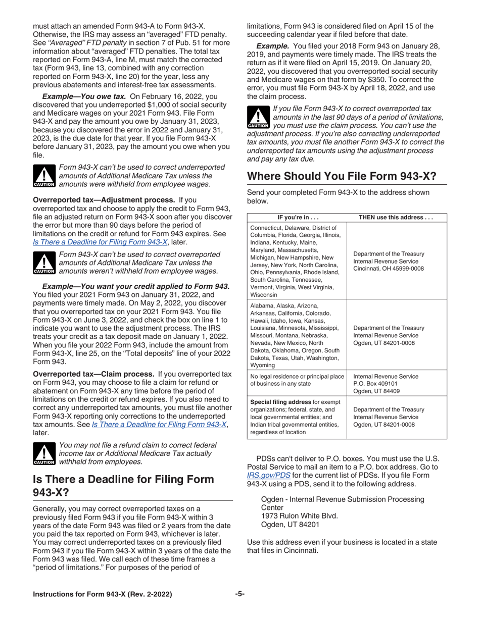 Instructions for IRS Form 943-X Adjusted Employers Annual Federal Tax Return for Agricultural Employees or Claim for Refund, Page 5