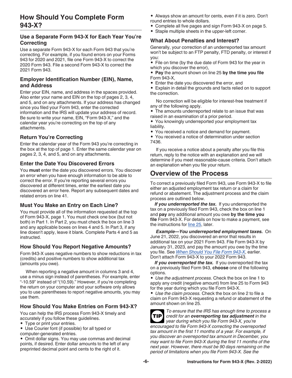 Instructions for IRS Form 943-X Adjusted Employers Annual Federal Tax Return for Agricultural Employees or Claim for Refund, Page 6