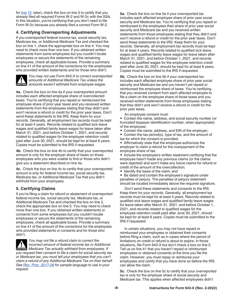 Instructions for IRS Form 943-X Adjusted Employers Annual Federal Tax Return for Agricultural Employees or Claim for Refund, Page 8