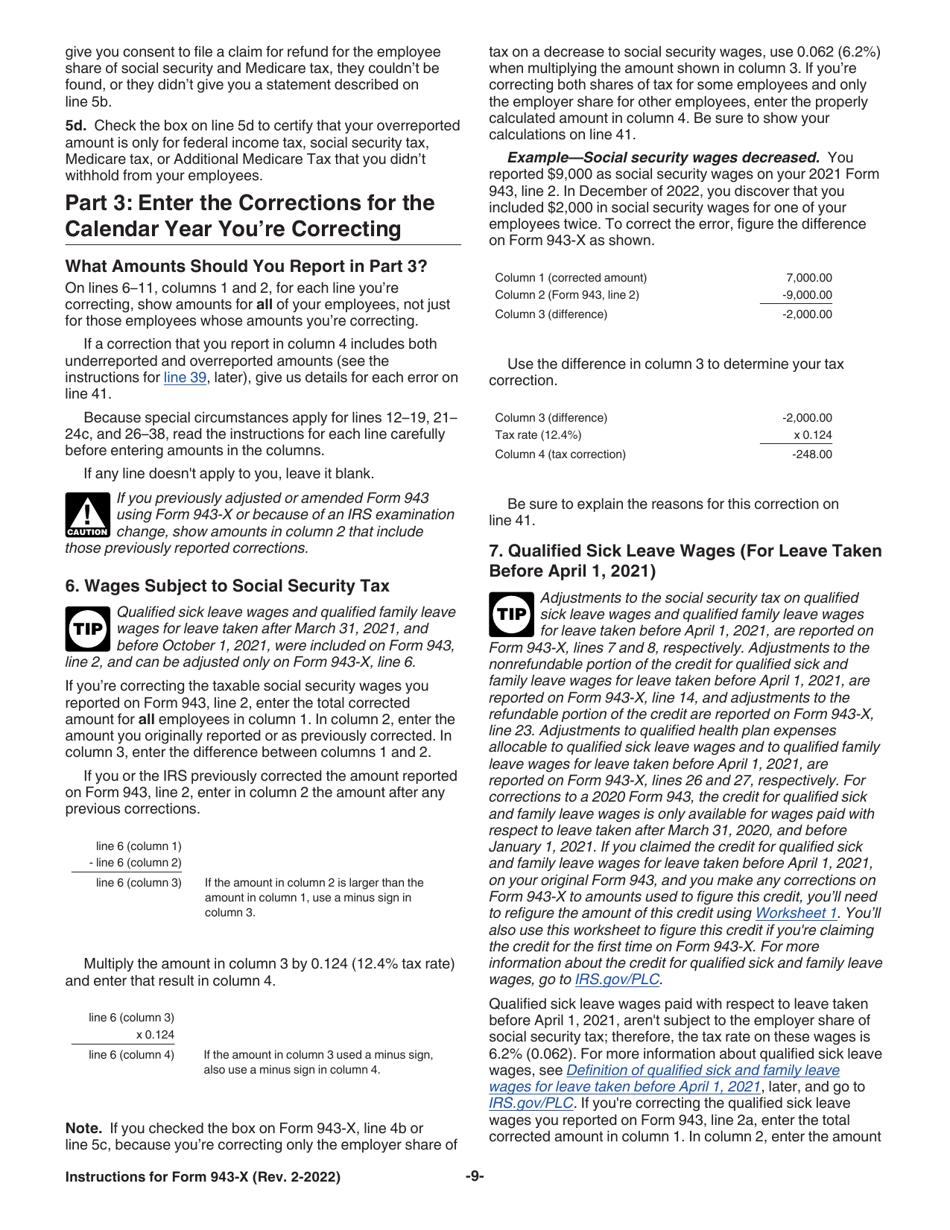 Instructions for IRS Form 943-X Adjusted Employers Annual Federal Tax Return for Agricultural Employees or Claim for Refund, Page 9