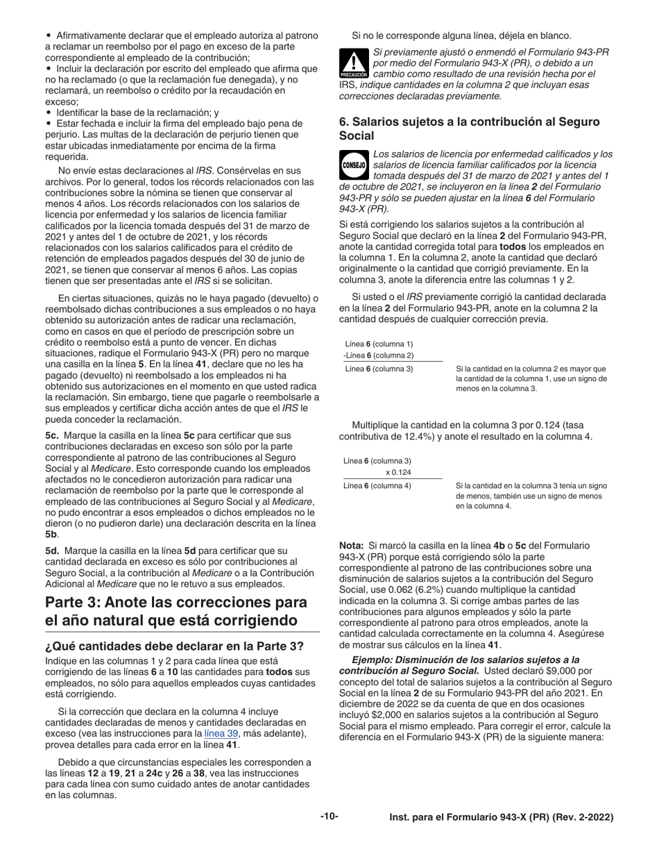 Instrucciones para IRS Formulario 943-X (PR) Ajuste a La Declaracion Federal Anual Del Patrono De Empleados Agricolas O Reclamacion De Reembolso (Puerto Rican Spanish), Page 10