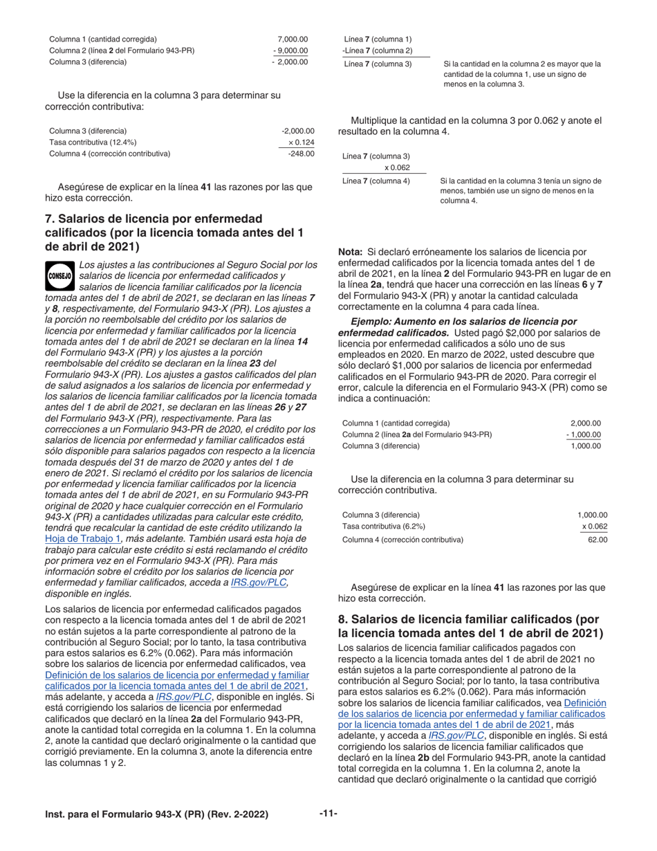 Instrucciones para IRS Formulario 943-X (PR) Ajuste a La Declaracion Federal Anual Del Patrono De Empleados Agricolas O Reclamacion De Reembolso (Puerto Rican Spanish), Page 11