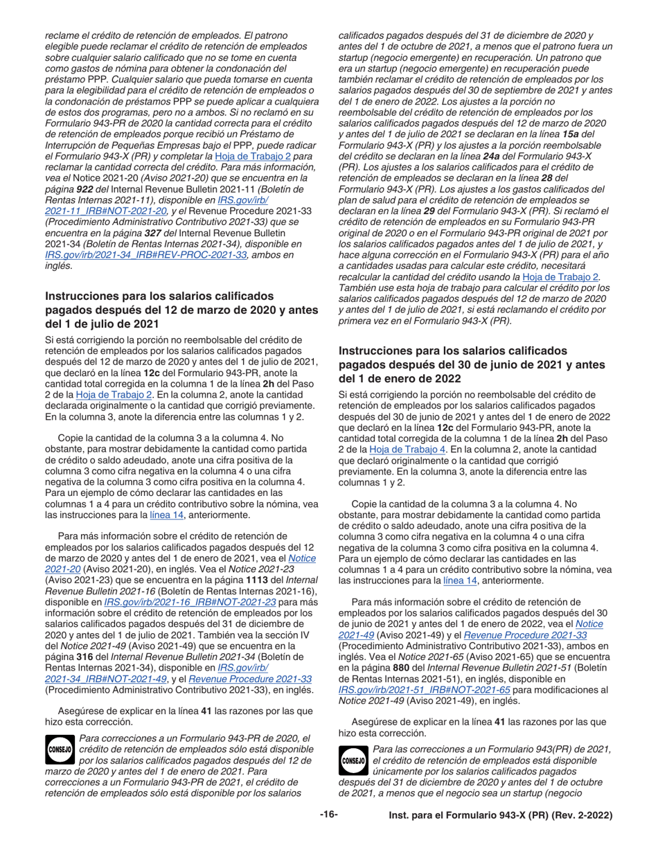 Instrucciones para IRS Formulario 943-X (PR) Ajuste a La Declaracion Federal Anual Del Patrono De Empleados Agricolas O Reclamacion De Reembolso (Puerto Rican Spanish), Page 16