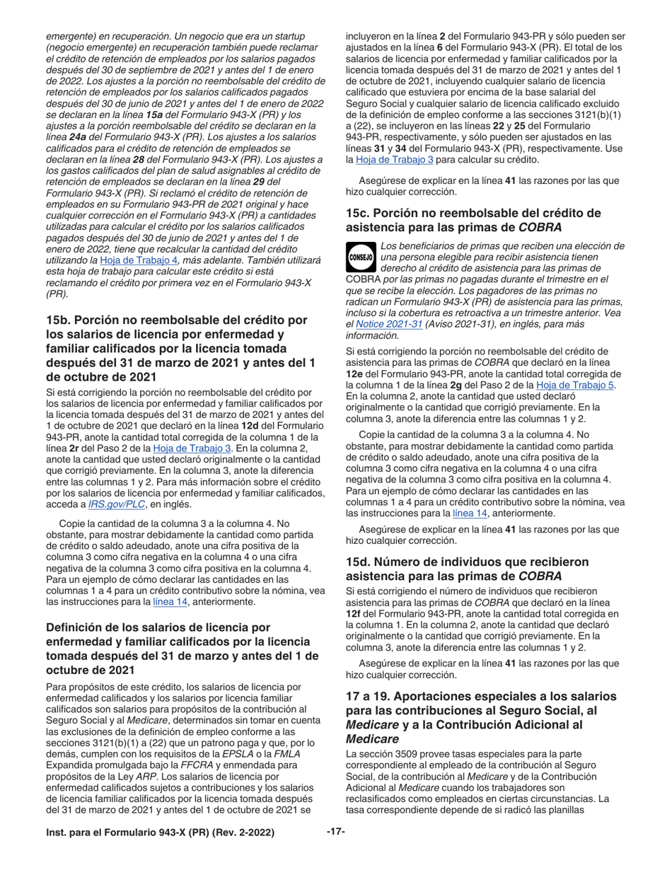 Instrucciones para IRS Formulario 943-X (PR) Ajuste a La Declaracion Federal Anual Del Patrono De Empleados Agricolas O Reclamacion De Reembolso (Puerto Rican Spanish), Page 17