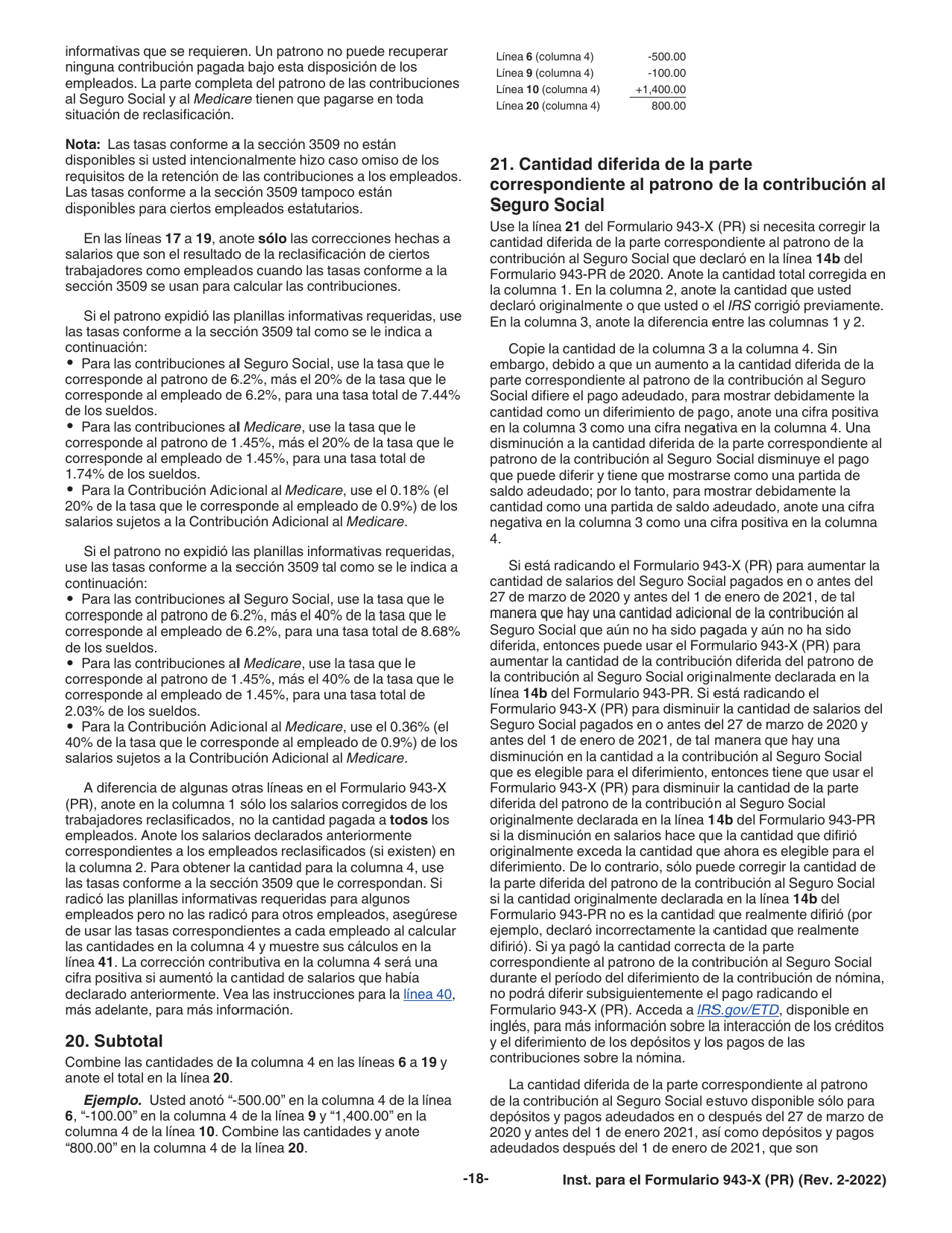 Instrucciones para IRS Formulario 943-X (PR) Ajuste a La Declaracion Federal Anual Del Patrono De Empleados Agricolas O Reclamacion De Reembolso (Puerto Rican Spanish), Page 18