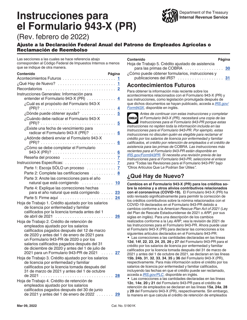 Instrucciones para IRS Formulario 943-X (PR) Ajuste a La Declaracion Federal Anual Del Patrono De Empleados Agricolas O Reclamacion De Reembolso (Puerto Rican Spanish), Page 1