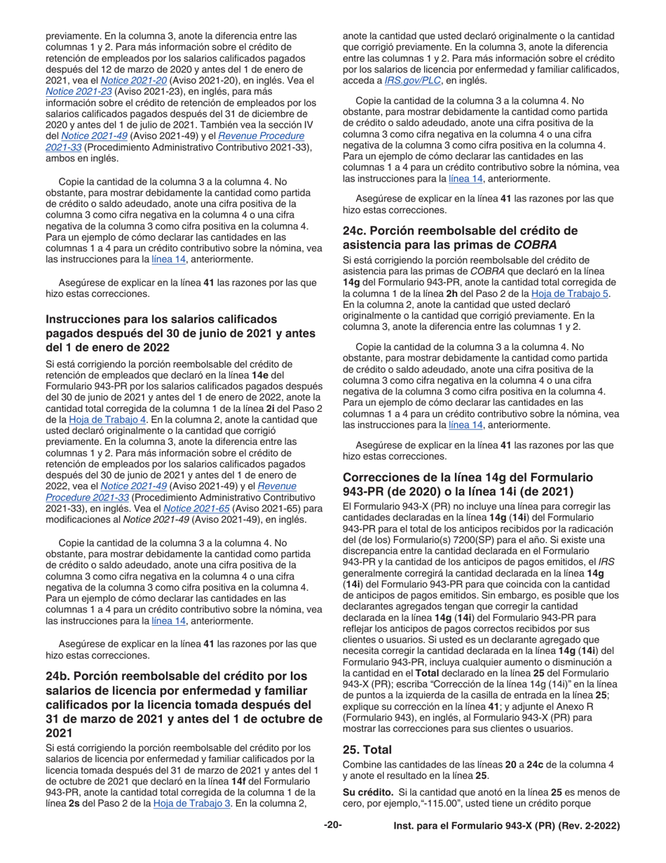 Instrucciones para IRS Formulario 943-X (PR) Ajuste a La Declaracion Federal Anual Del Patrono De Empleados Agricolas O Reclamacion De Reembolso (Puerto Rican Spanish), Page 20