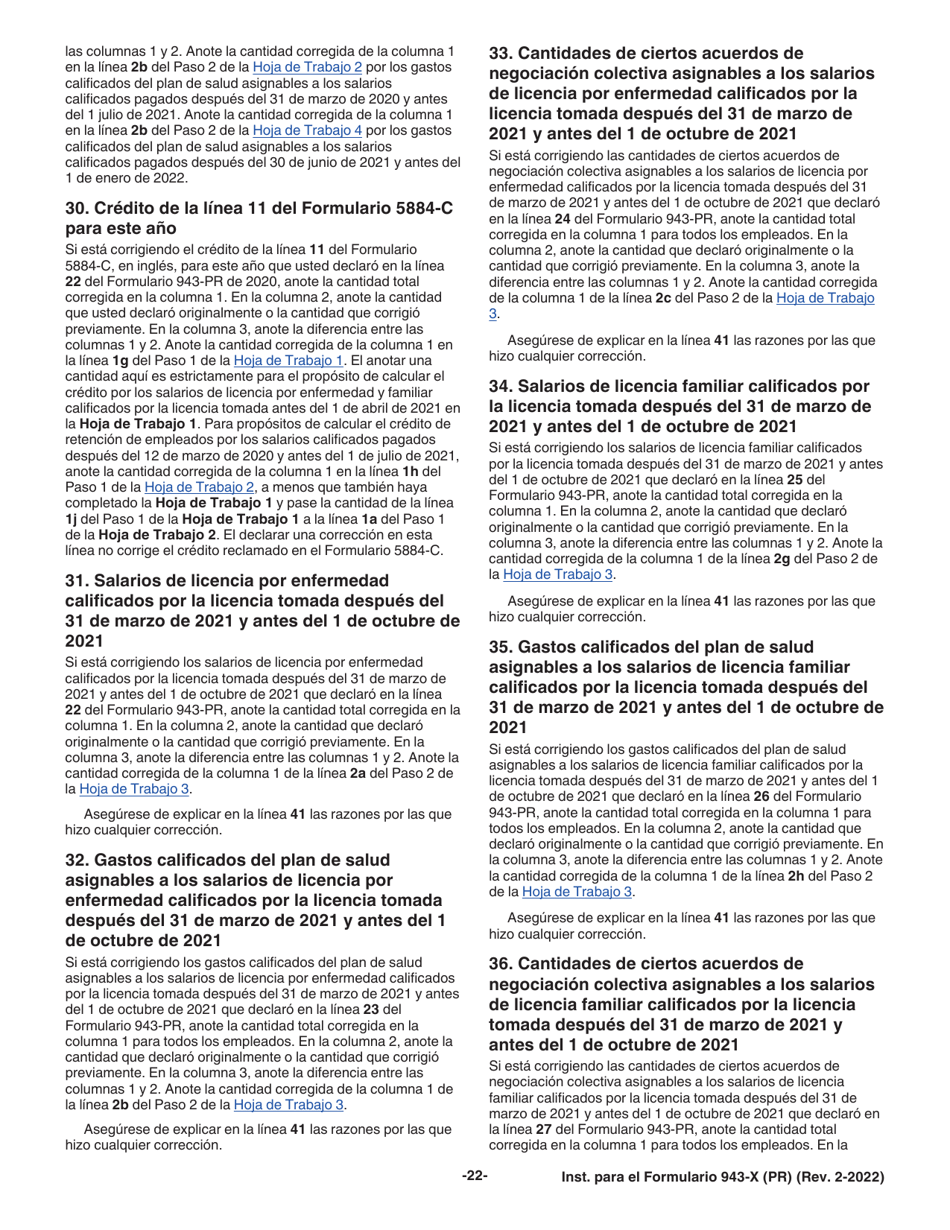 Instrucciones para IRS Formulario 943-X (PR) Ajuste a La Declaracion Federal Anual Del Patrono De Empleados Agricolas O Reclamacion De Reembolso (Puerto Rican Spanish), Page 22