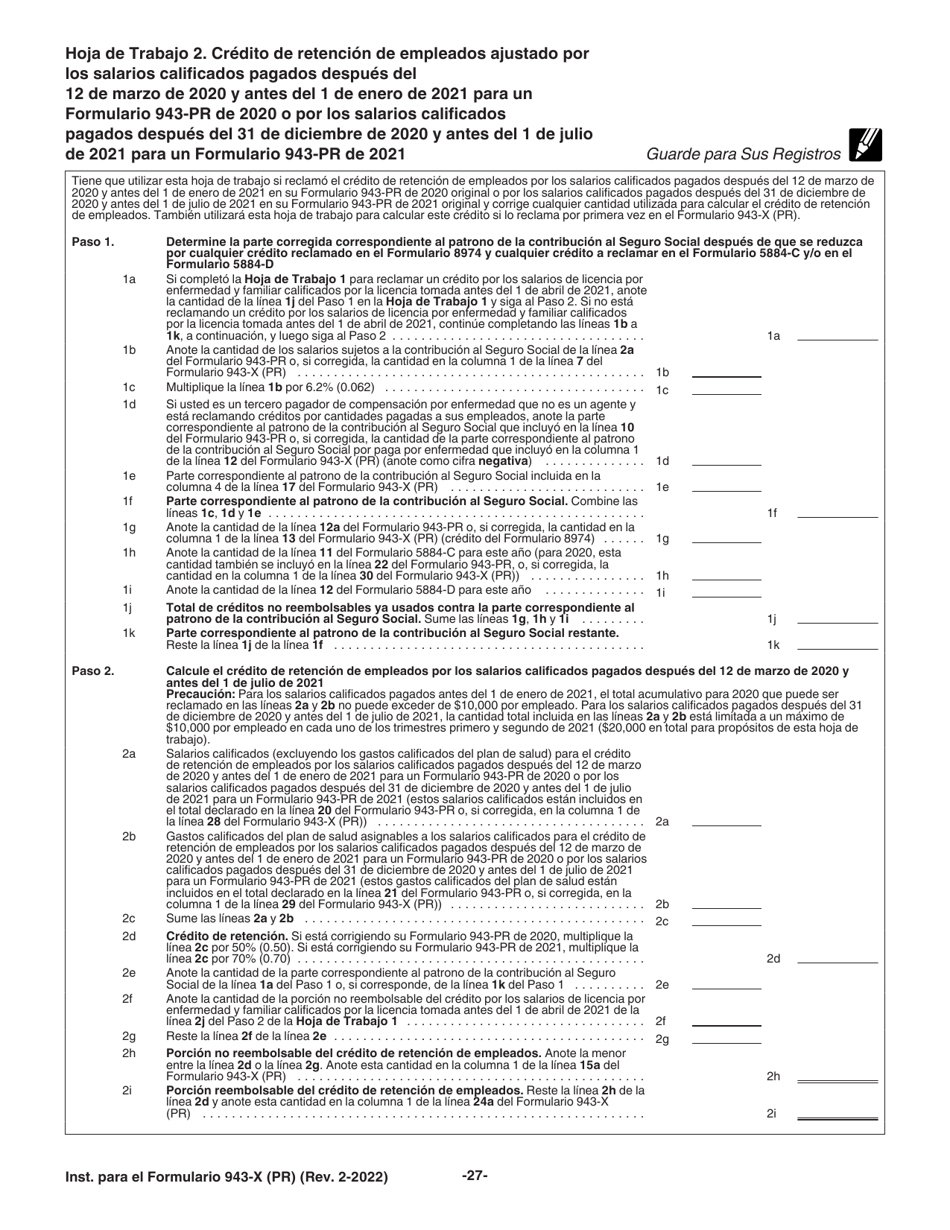 Instrucciones para IRS Formulario 943-X (PR) Ajuste a La Declaracion Federal Anual Del Patrono De Empleados Agricolas O Reclamacion De Reembolso (Puerto Rican Spanish), Page 27
