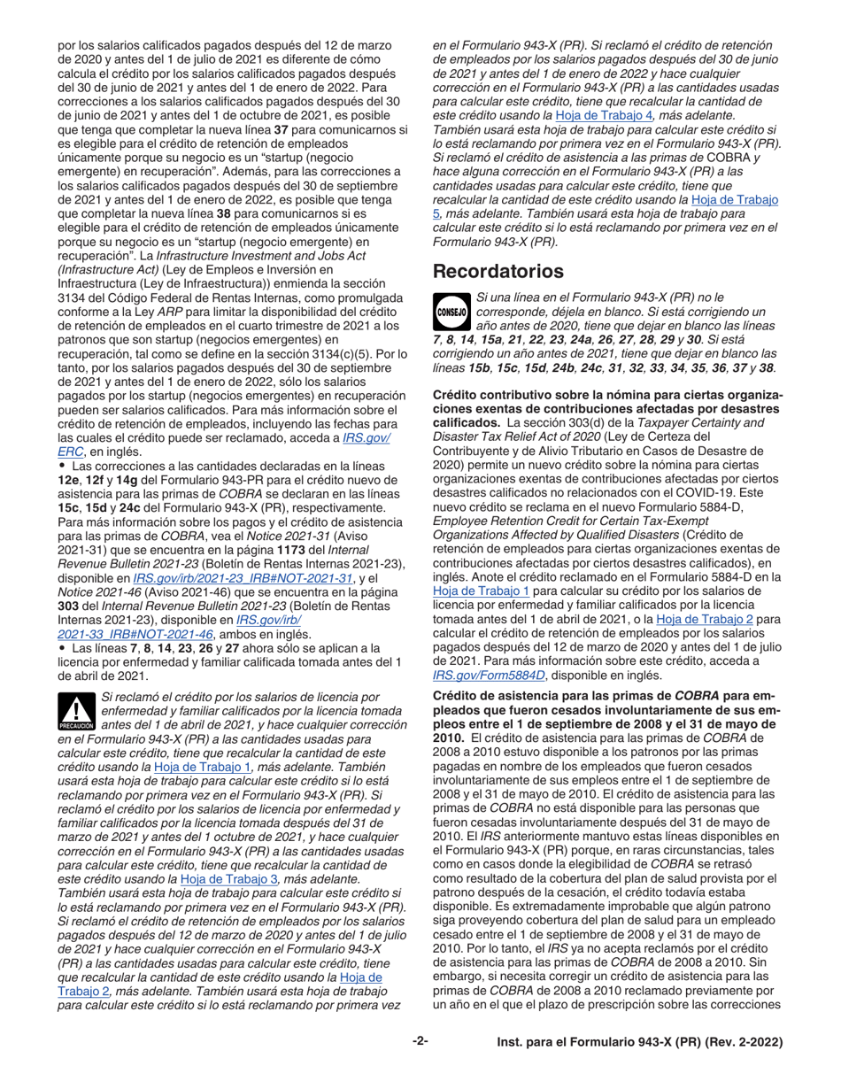 Instrucciones para IRS Formulario 943-X (PR) Ajuste a La Declaracion Federal Anual Del Patrono De Empleados Agricolas O Reclamacion De Reembolso (Puerto Rican Spanish), Page 2