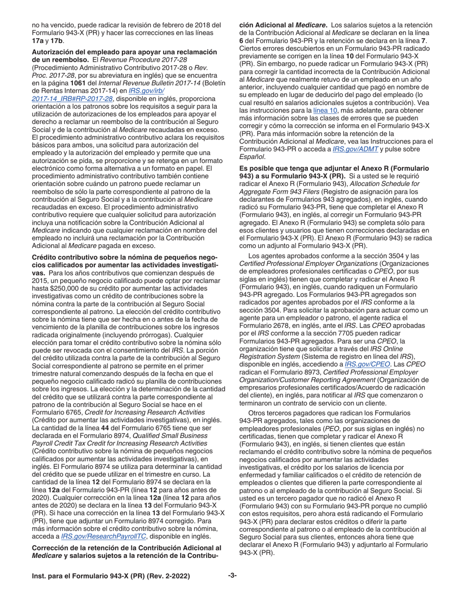 Instrucciones para IRS Formulario 943-X (PR) Ajuste a La Declaracion Federal Anual Del Patrono De Empleados Agricolas O Reclamacion De Reembolso (Puerto Rican Spanish), Page 3
