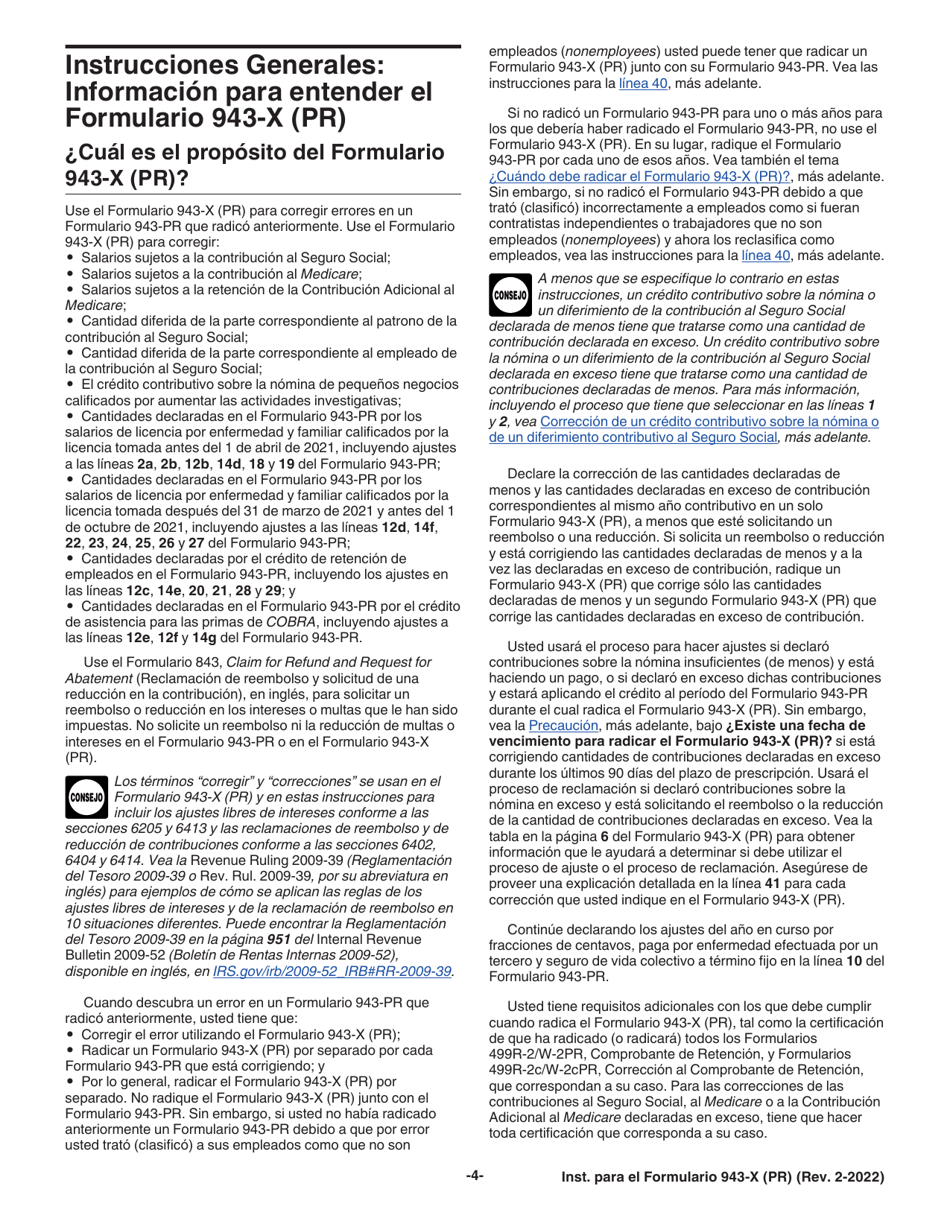 Instrucciones para IRS Formulario 943-X (PR) Ajuste a La Declaracion Federal Anual Del Patrono De Empleados Agricolas O Reclamacion De Reembolso (Puerto Rican Spanish), Page 4