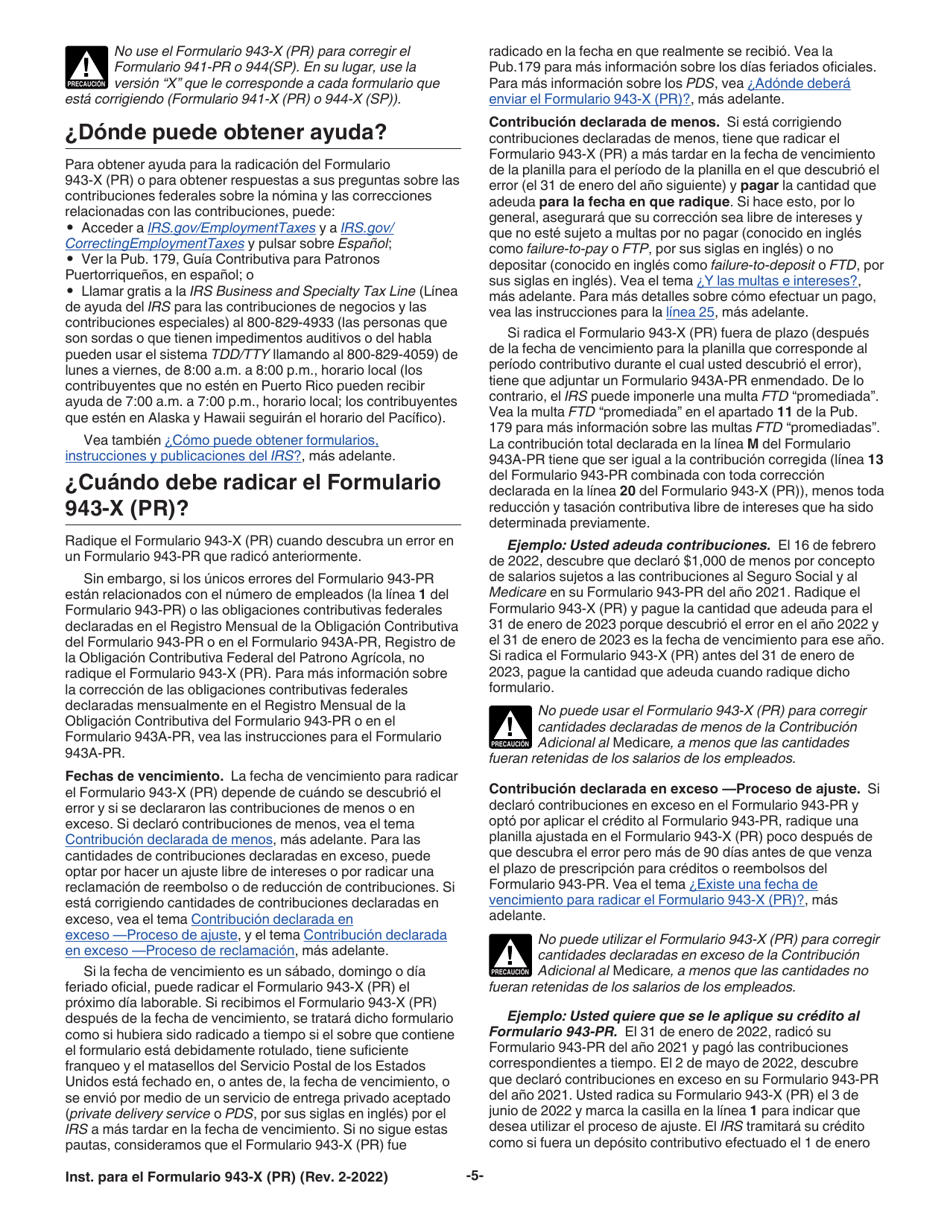 Instrucciones para IRS Formulario 943-X (PR) Ajuste a La Declaracion Federal Anual Del Patrono De Empleados Agricolas O Reclamacion De Reembolso (Puerto Rican Spanish), Page 5