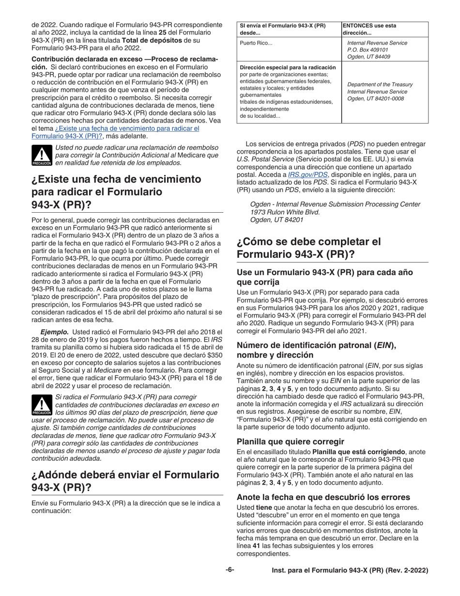 Instrucciones para IRS Formulario 943-X (PR) Ajuste a La Declaracion Federal Anual Del Patrono De Empleados Agricolas O Reclamacion De Reembolso (Puerto Rican Spanish), Page 6