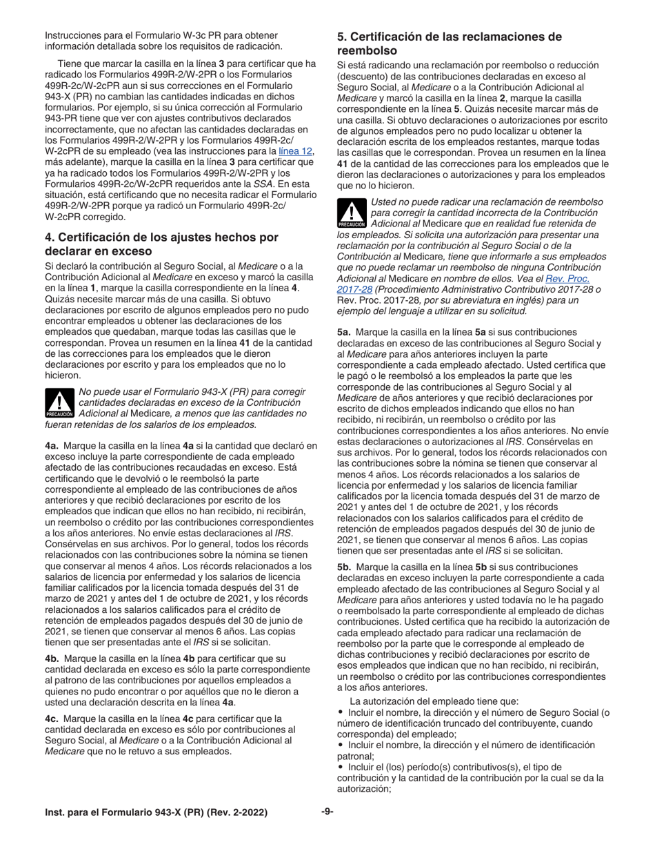 Instrucciones para IRS Formulario 943-X (PR) Ajuste a La Declaracion Federal Anual Del Patrono De Empleados Agricolas O Reclamacion De Reembolso (Puerto Rican Spanish), Page 9