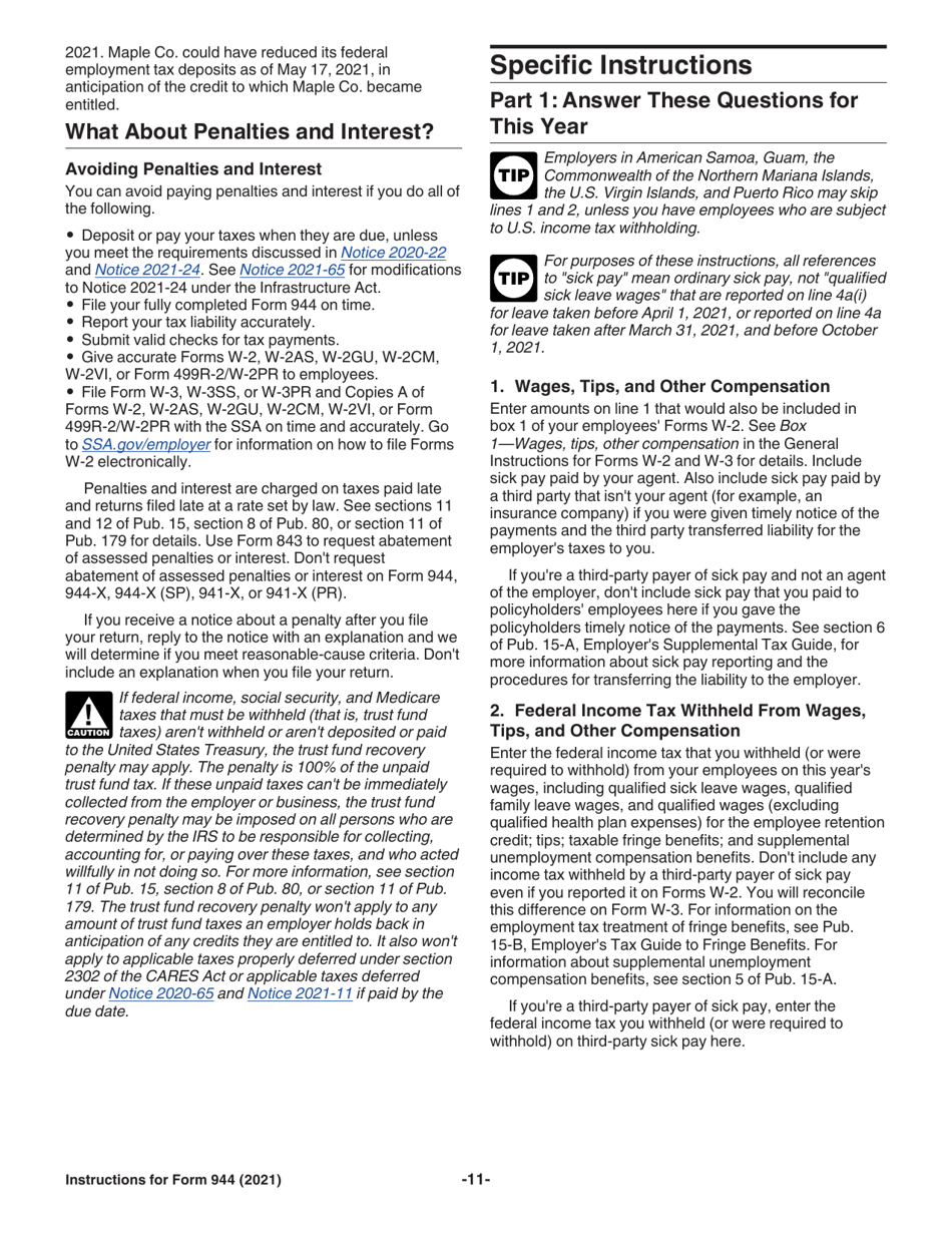 Instructions for IRS Form 944 Employers Annual Federal Tax Return, Page 11