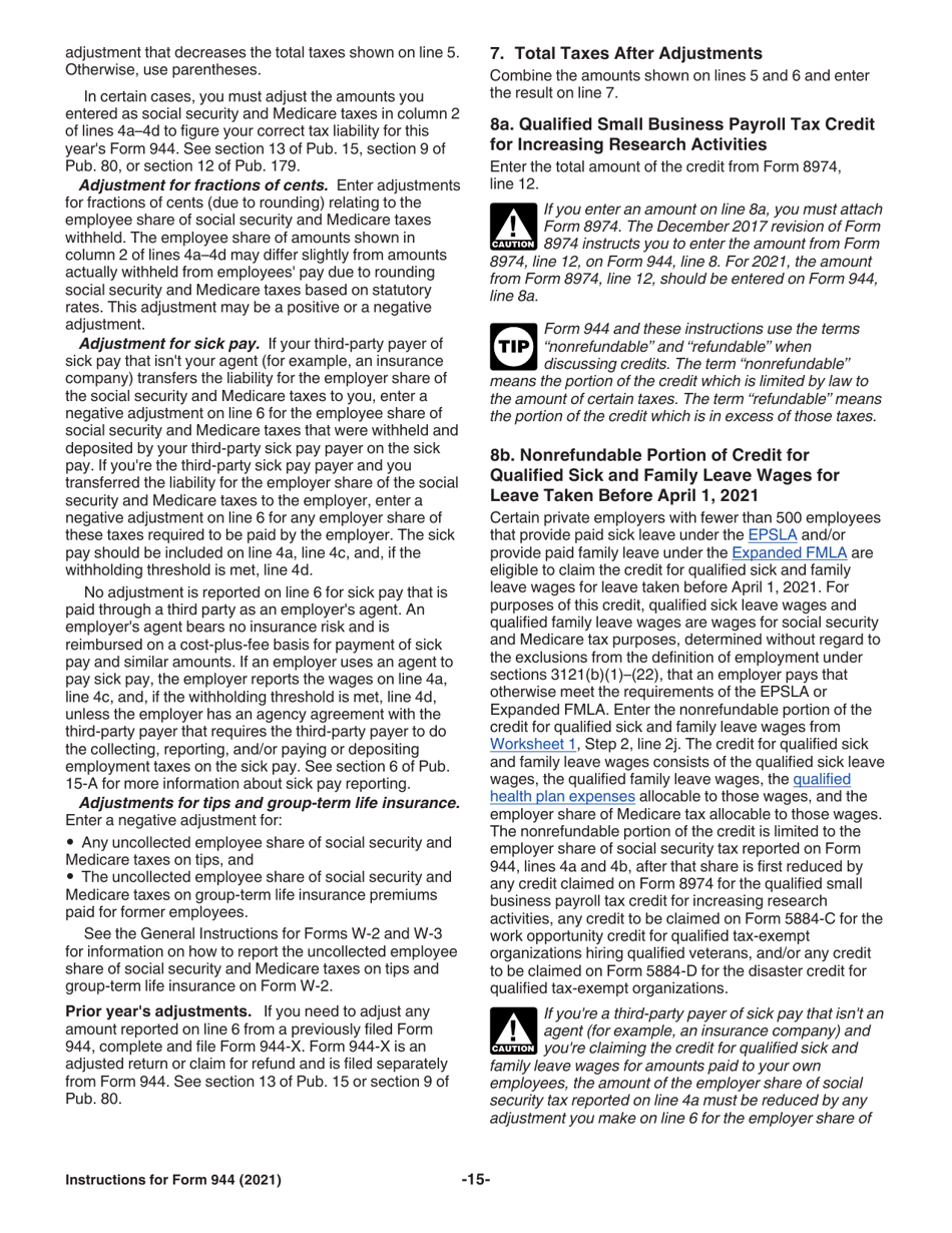 Instructions for IRS Form 944 Employers Annual Federal Tax Return, Page 15