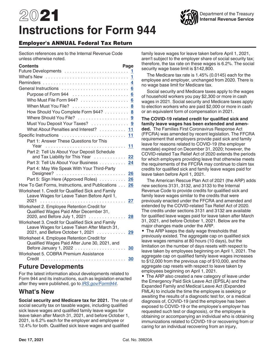 Instructions for IRS Form 944 Employers Annual Federal Tax Return, Page 1