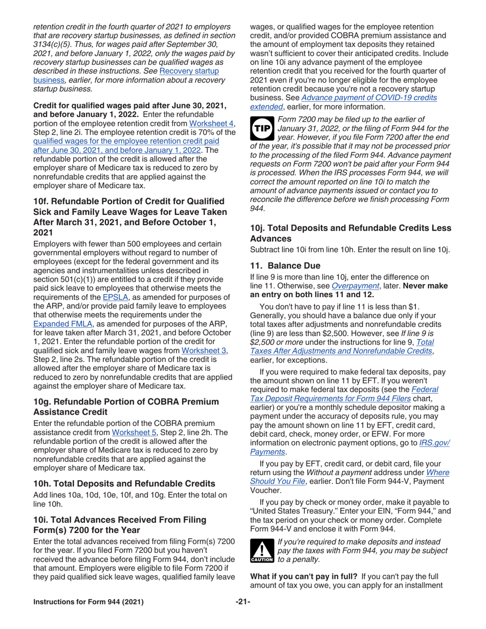Instructions for IRS Form 944 Employers Annual Federal Tax Return, Page 21