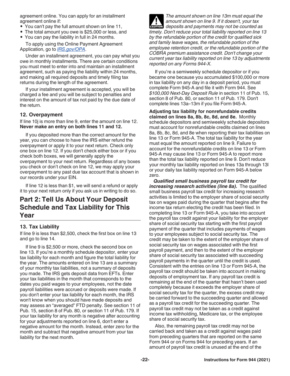 Instructions for IRS Form 944 Employers Annual Federal Tax Return, Page 22