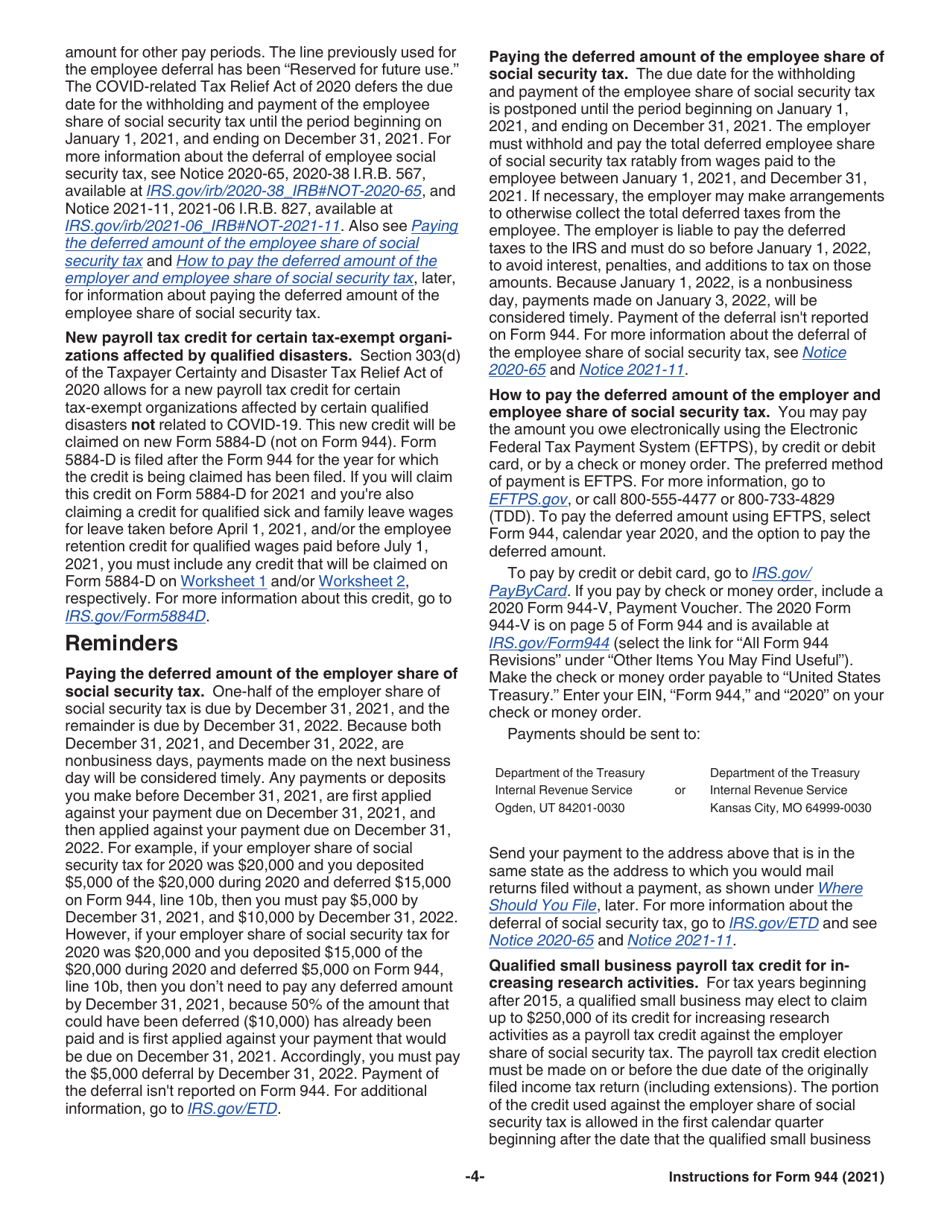 Instructions for IRS Form 944 Employers Annual Federal Tax Return, Page 4