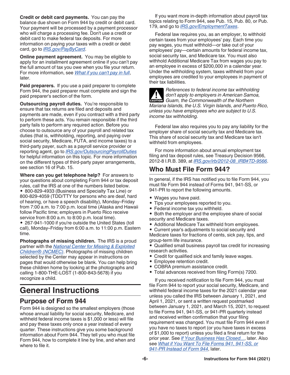 Instructions for IRS Form 944 Employers Annual Federal Tax Return, Page 6