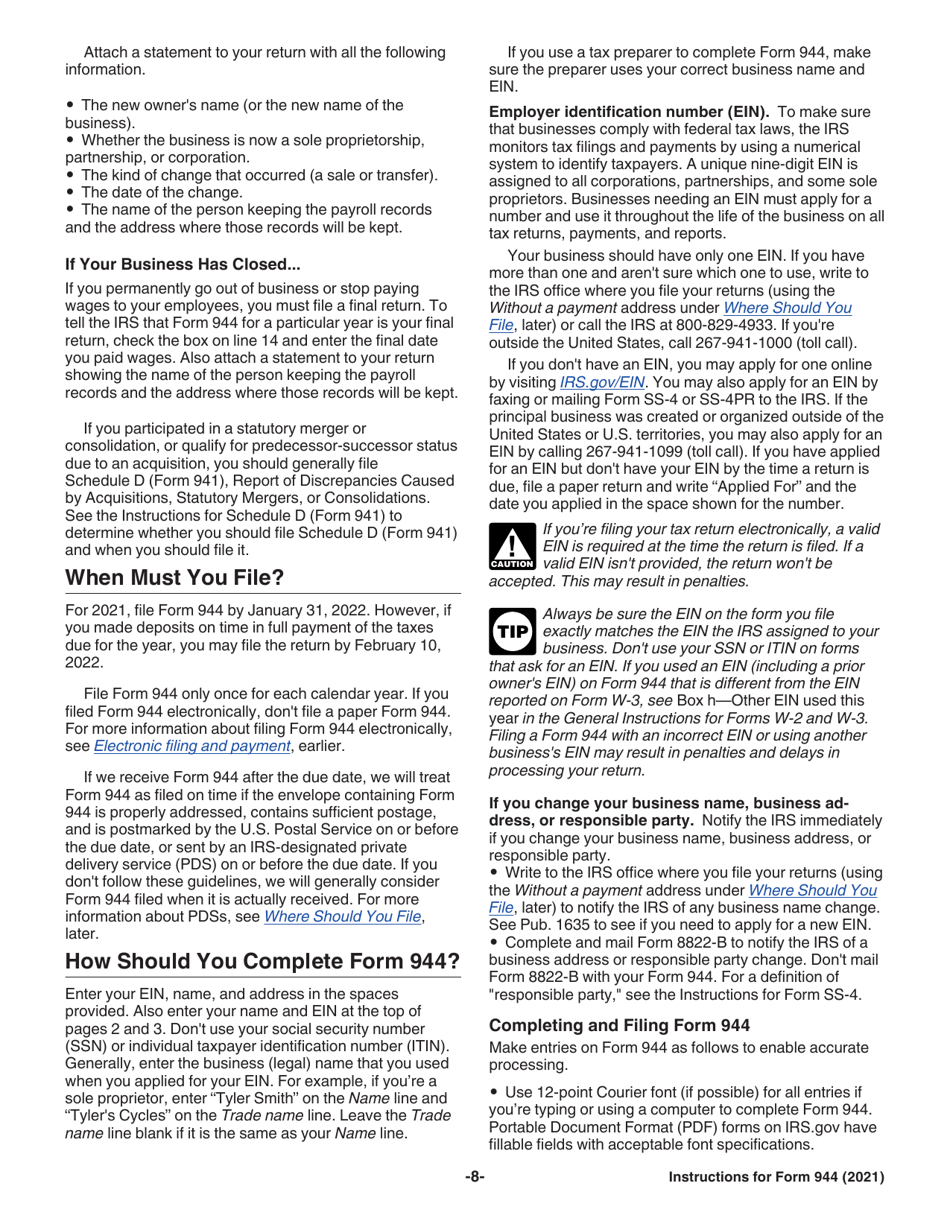 Instructions for IRS Form 944 Employers Annual Federal Tax Return, Page 8