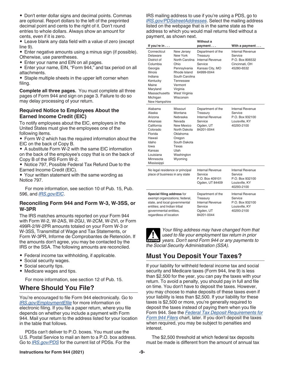 Instructions for IRS Form 944 Employers Annual Federal Tax Return, Page 9
