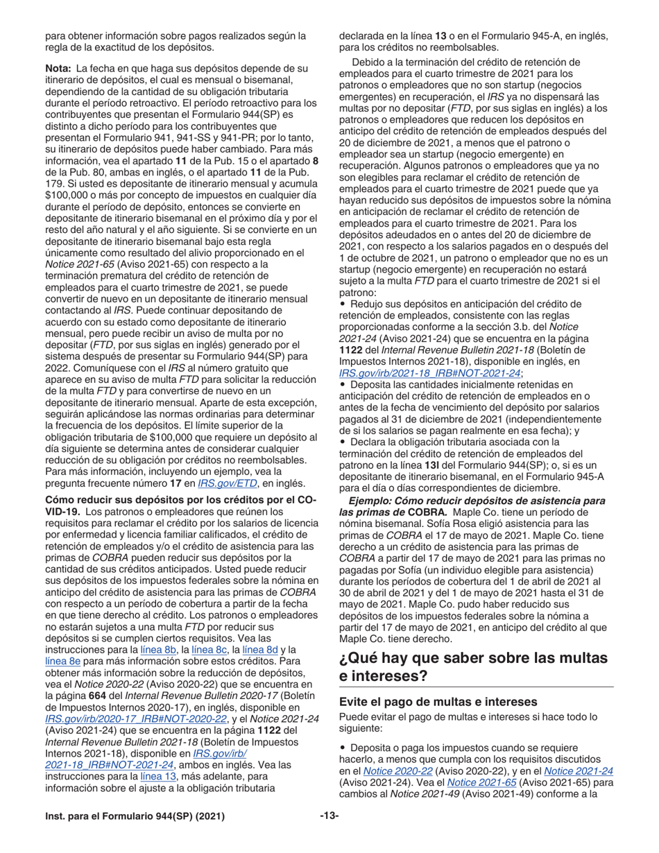 Instrucciones para IRS Formulario 944(SP) Declaracion Federal Anual De Impuestos Del Patrono O Empleador (Spanish), Page 13