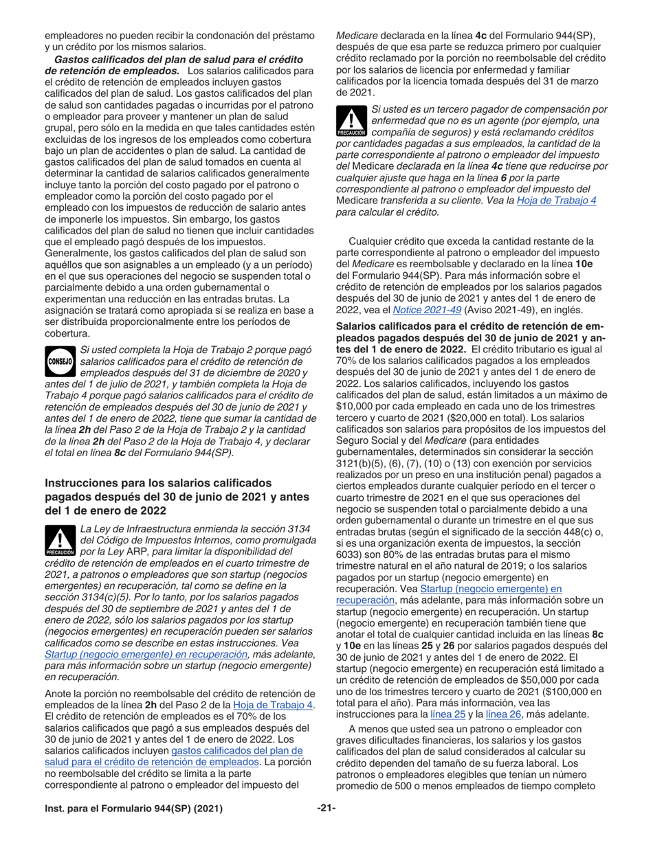 Instrucciones para IRS Formulario 944(SP) Declaracion Federal Anual De Impuestos Del Patrono O Empleador (Spanish), Page 21