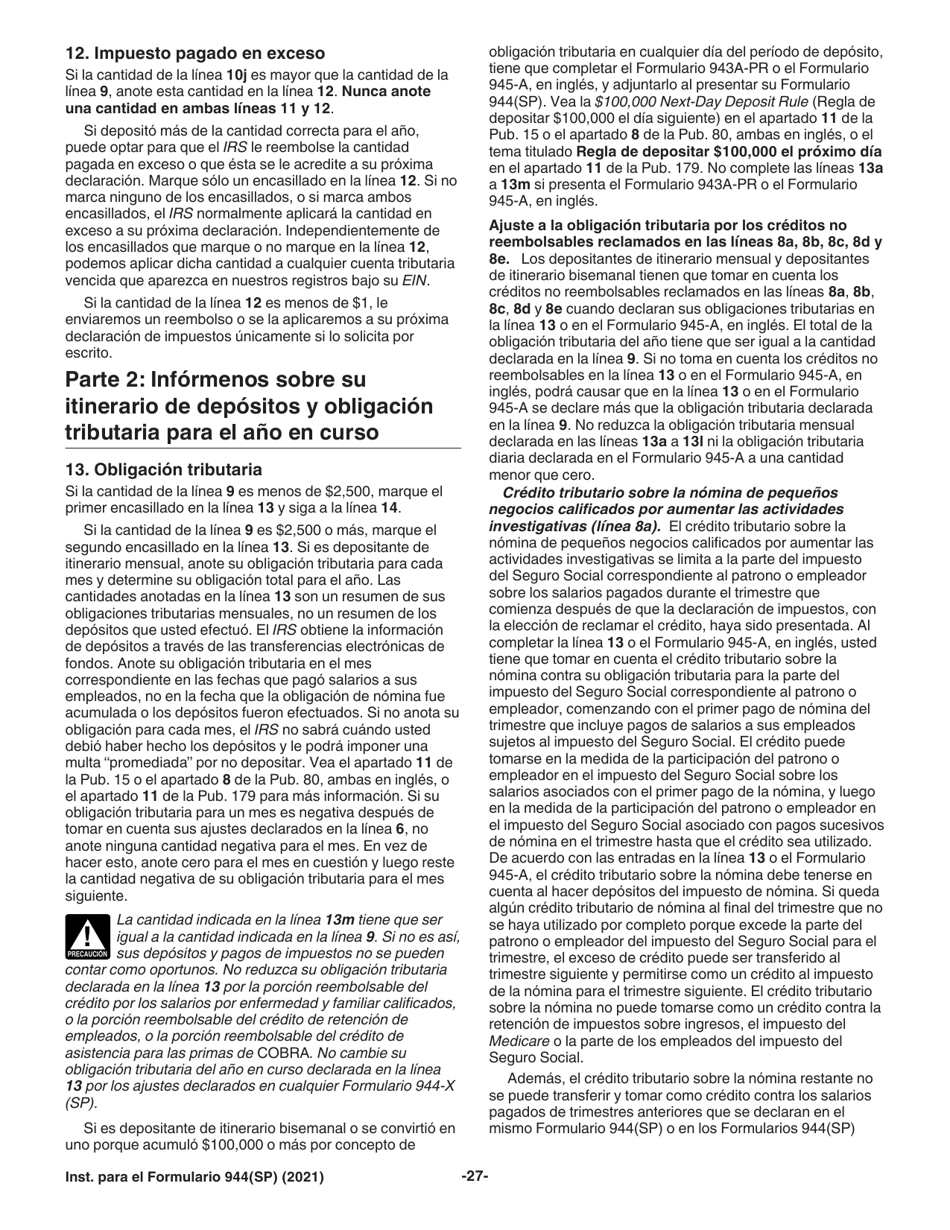 Instrucciones para IRS Formulario 944(SP) Declaracion Federal Anual De Impuestos Del Patrono O Empleador (Spanish), Page 27
