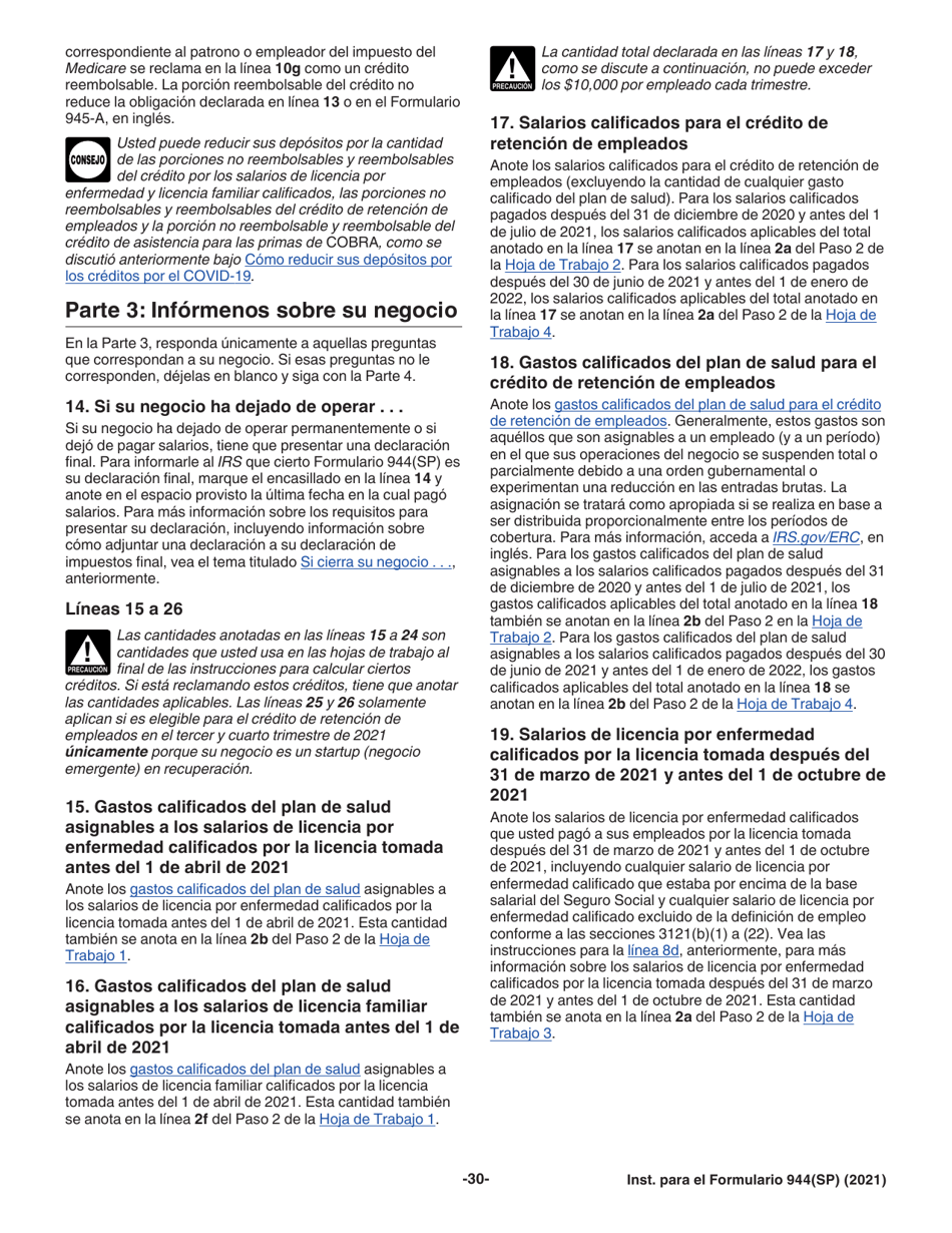 Instrucciones para IRS Formulario 944(SP) Declaracion Federal Anual De Impuestos Del Patrono O Empleador (Spanish), Page 30