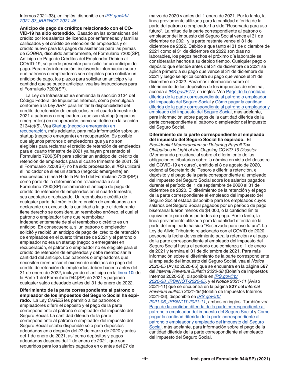 Instrucciones para IRS Formulario 944(SP) Declaracion Federal Anual De Impuestos Del Patrono O Empleador (Spanish), Page 4