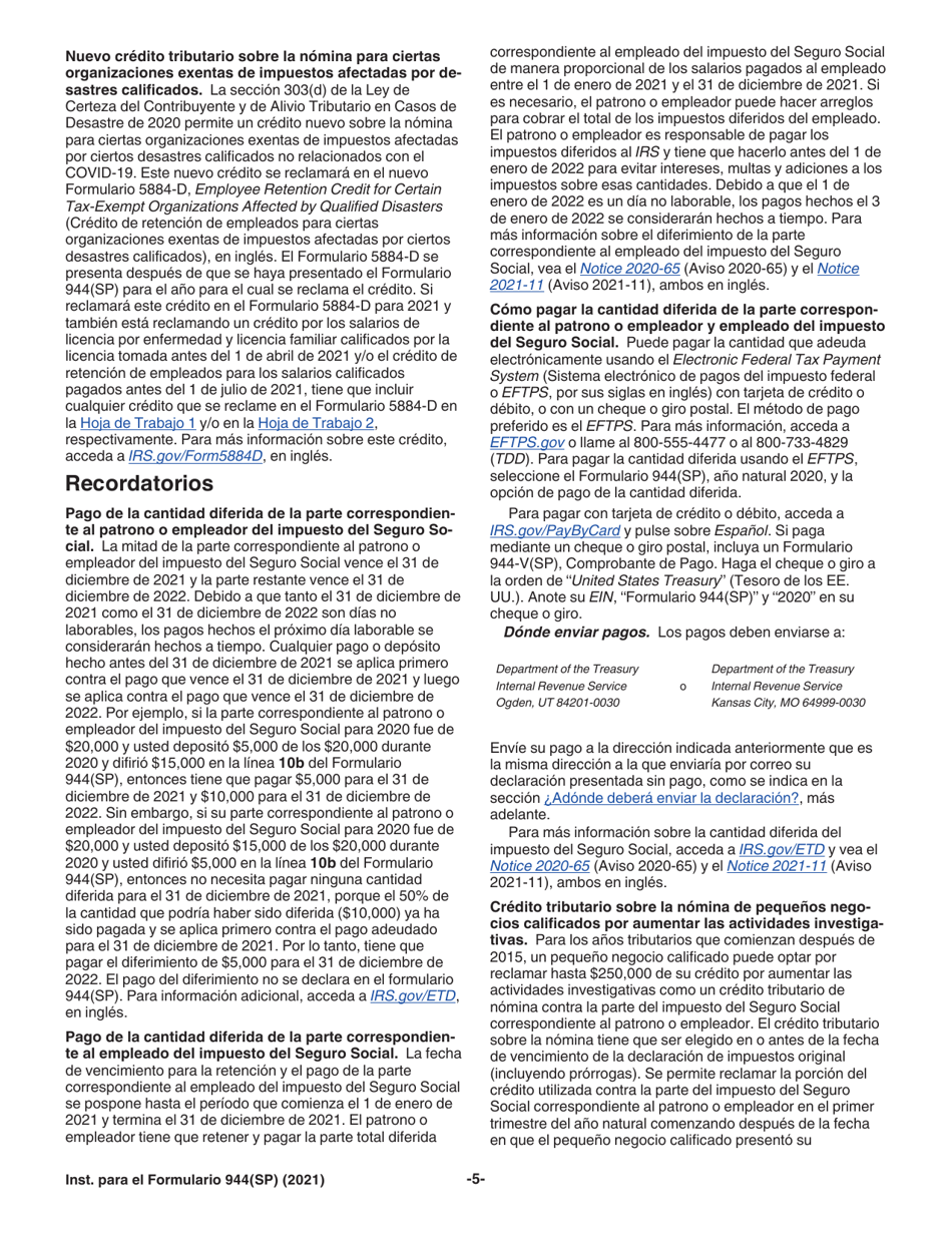 Instrucciones para IRS Formulario 944(SP) Declaracion Federal Anual De Impuestos Del Patrono O Empleador (Spanish), Page 5