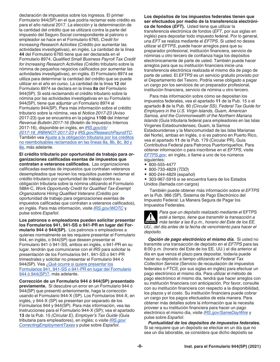 Instrucciones para IRS Formulario 944(SP) Declaracion Federal Anual De Impuestos Del Patrono O Empleador (Spanish), Page 6