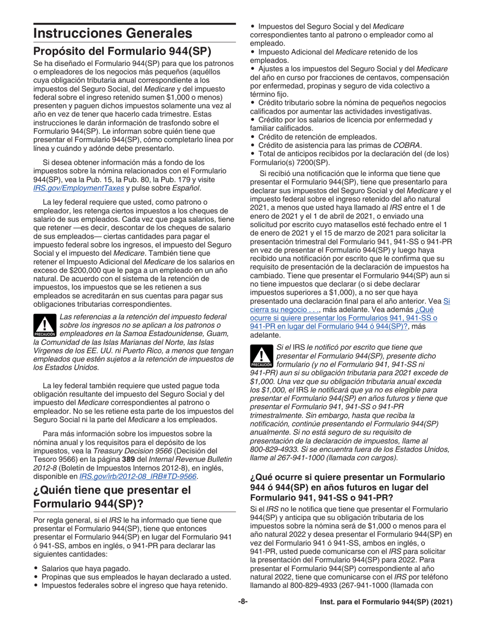 Instrucciones para IRS Formulario 944(SP) Declaracion Federal Anual De Impuestos Del Patrono O Empleador (Spanish), Page 8