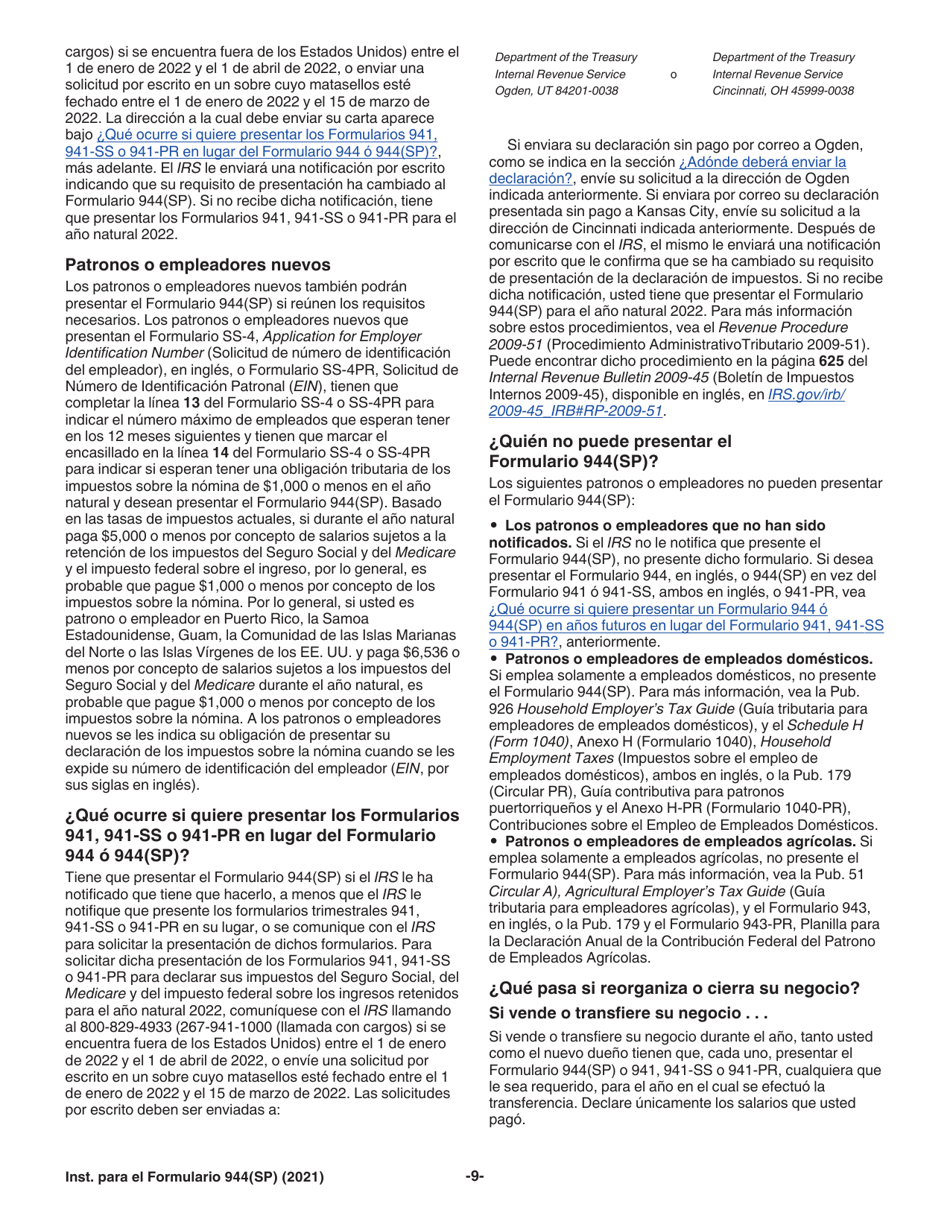 Instrucciones para IRS Formulario 944(SP) Declaracion Federal Anual De Impuestos Del Patrono O Empleador (Spanish), Page 9