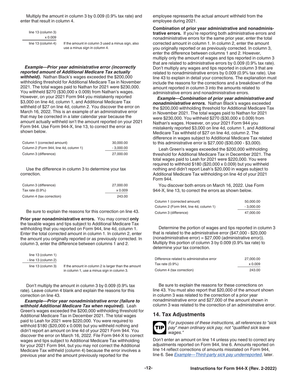 Instructions for IRS Form 944-X Adjusted Employers Annual Federal Tax Return or Claim for Refund, Page 12