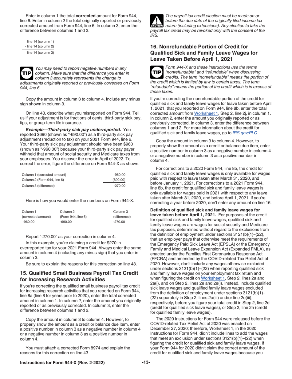 Instructions for IRS Form 944-X Adjusted Employers Annual Federal Tax Return or Claim for Refund, Page 13