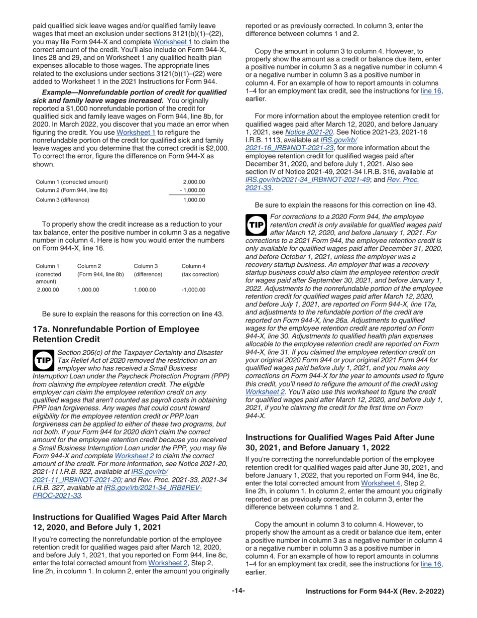 Instructions for IRS Form 944-X Adjusted Employers Annual Federal Tax Return or Claim for Refund, Page 14